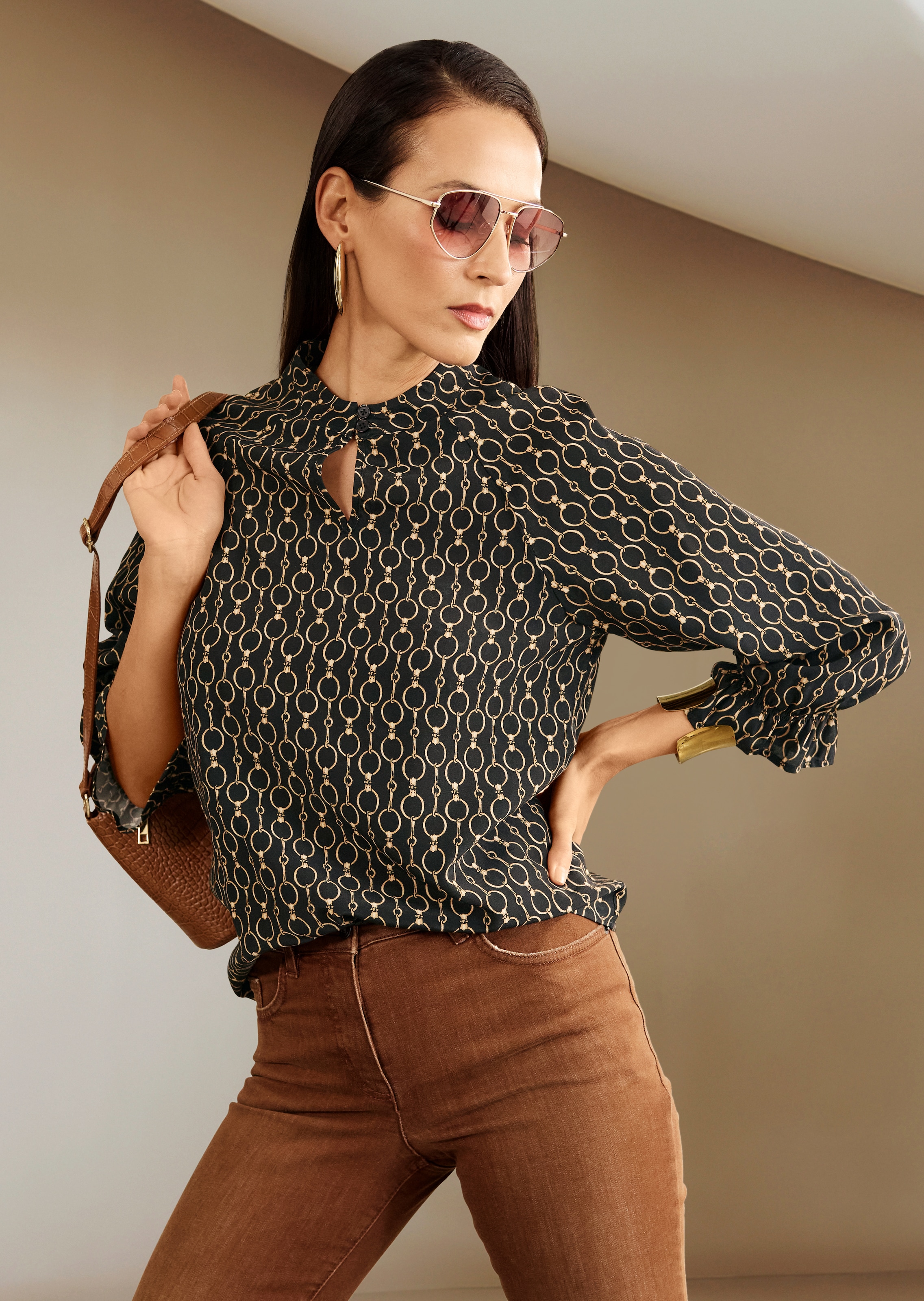 Bedruckte Bluse mit Stehkragen und 3/4-Ärmeln