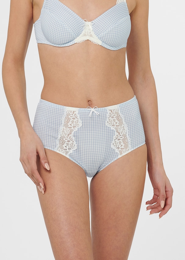 High-waisted briefs with checked pattern and lace accents