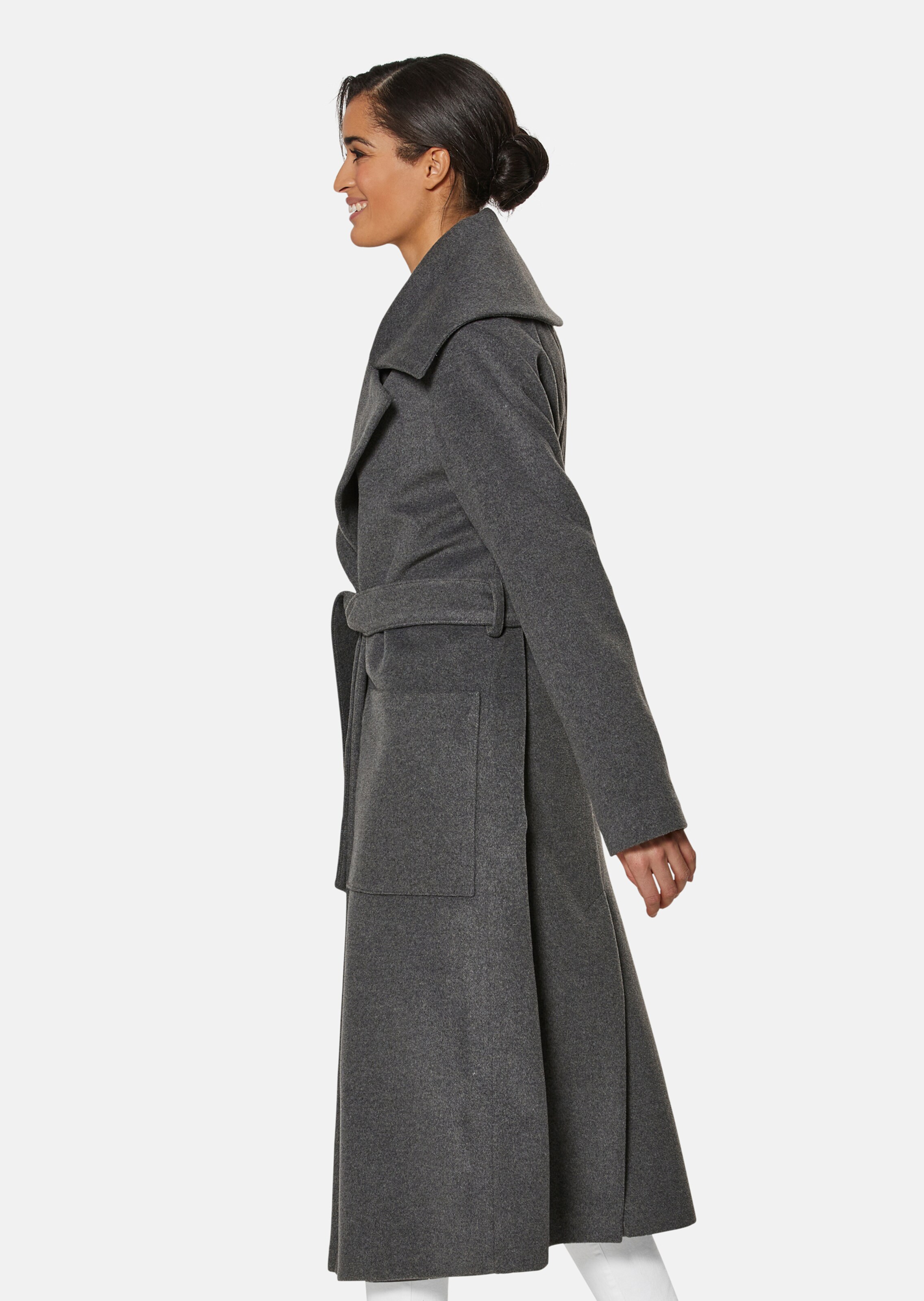 Long cashmere coat with tie belt in dark grey / melange