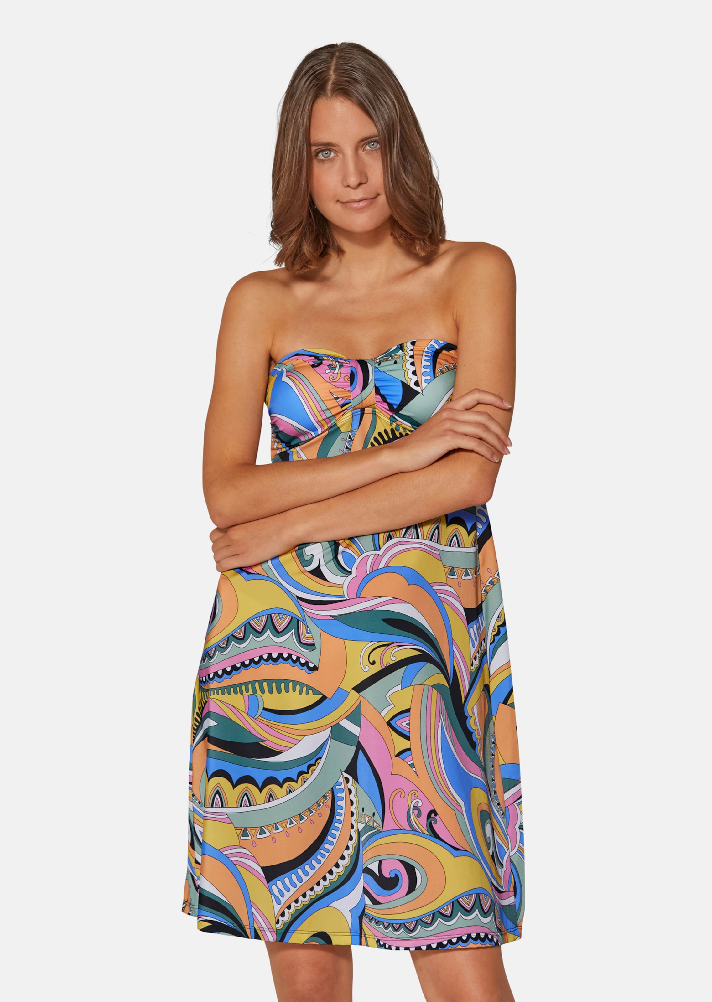 Printed beach dress in bandeau style in ice rose / black / multi-coloured |  MADELEINE Fashion