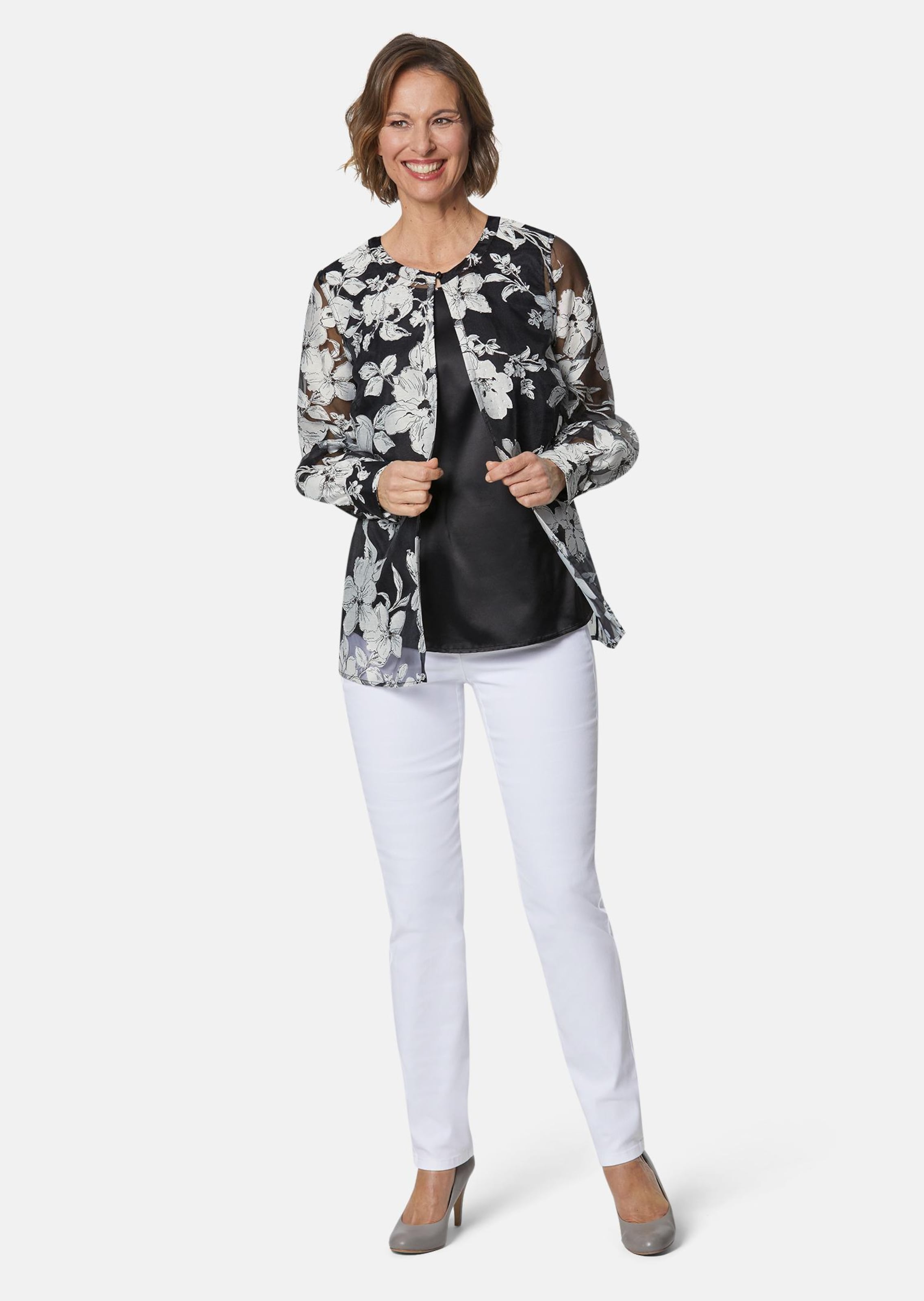 Chemisier avec bustier en tissu dévoré - noir / gris / à fleurs - Gr. 46 de Goldner Fashion