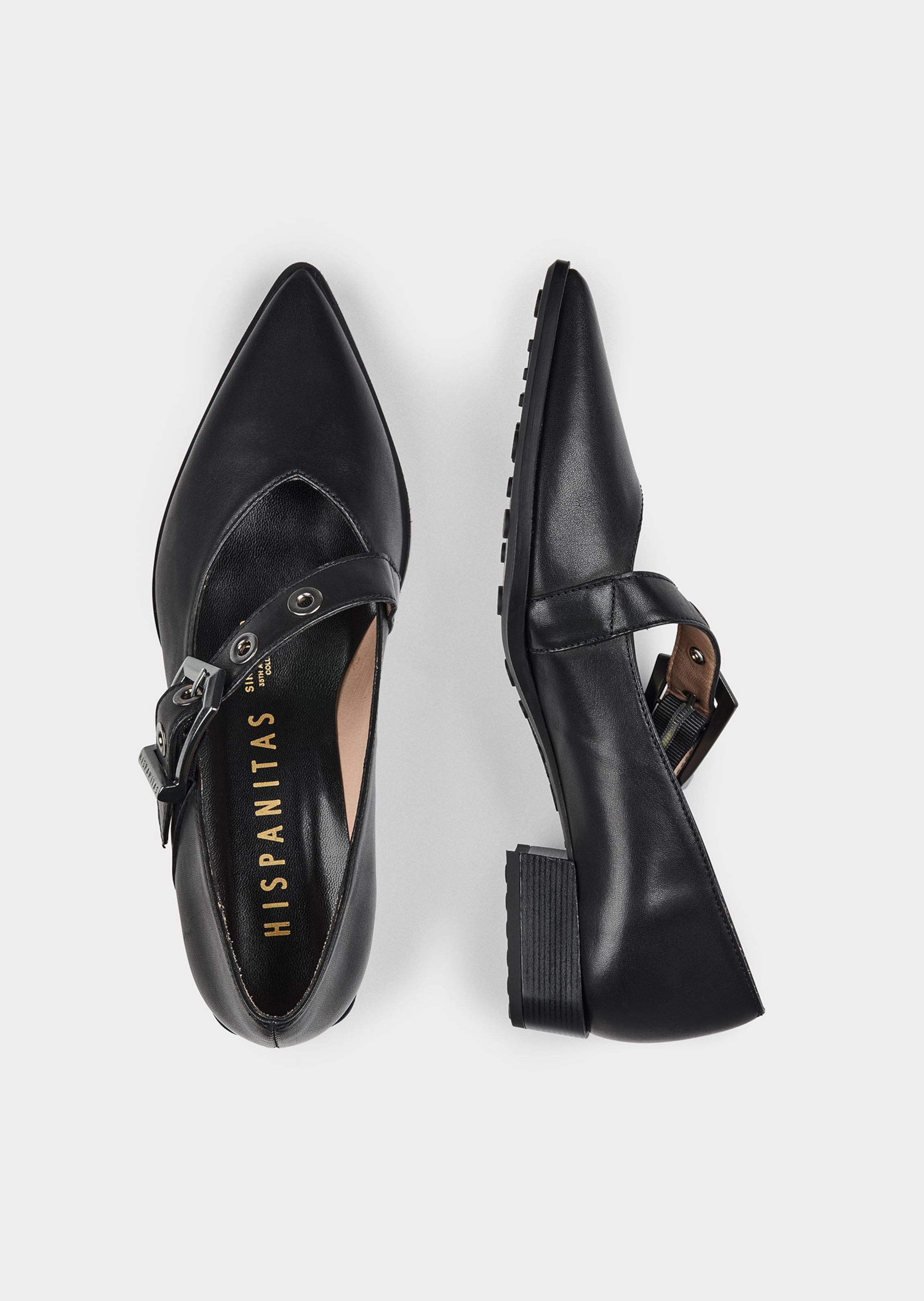 Leder-Ballerina mit Schnalle und Nieten