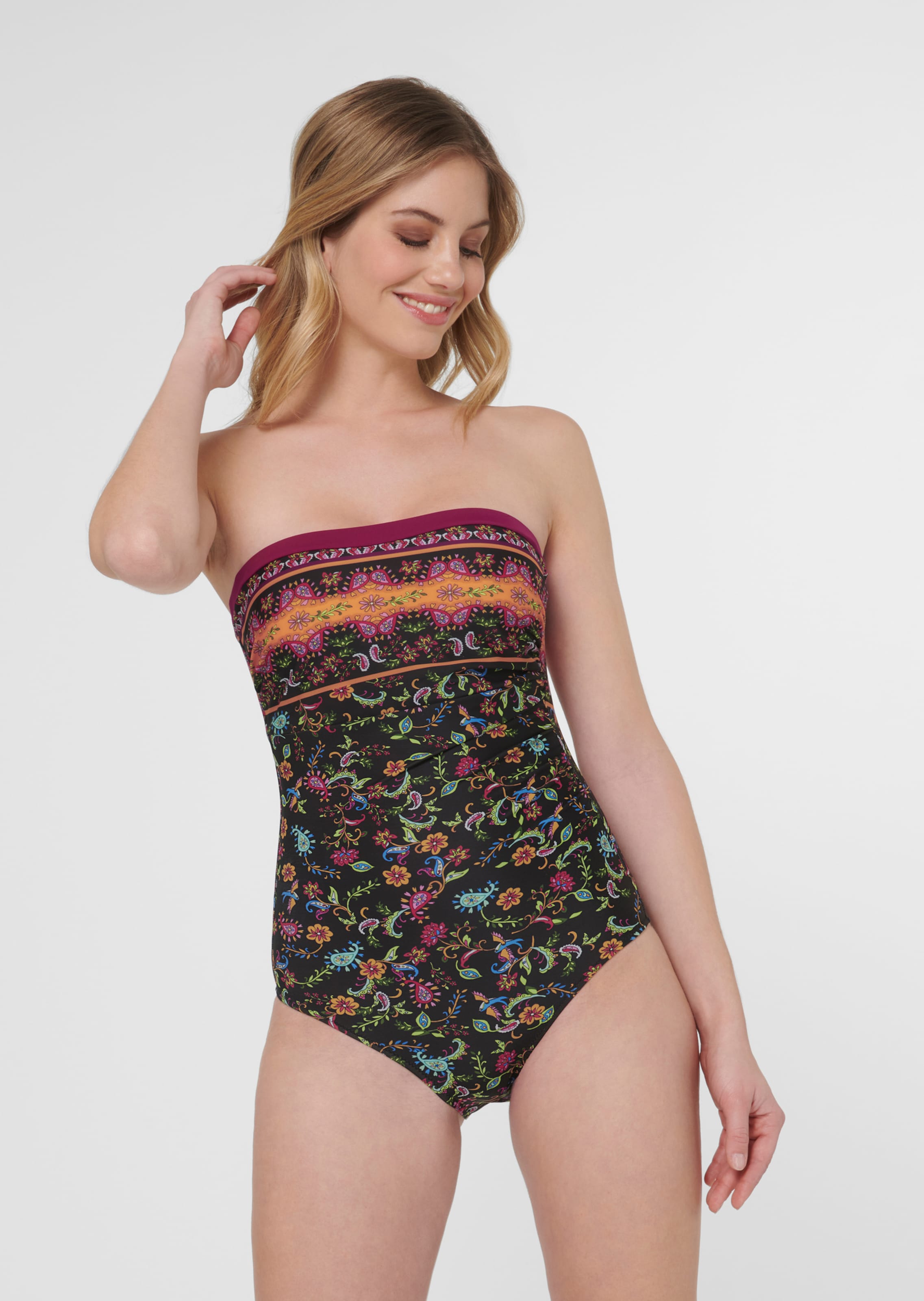 Bandeau swimming costume with border print in black multi coloured MADELEINE Fashion