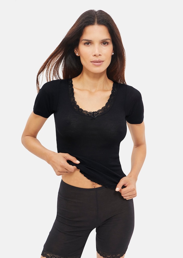 Wool and silk ribbed shirt with lace at the neckline