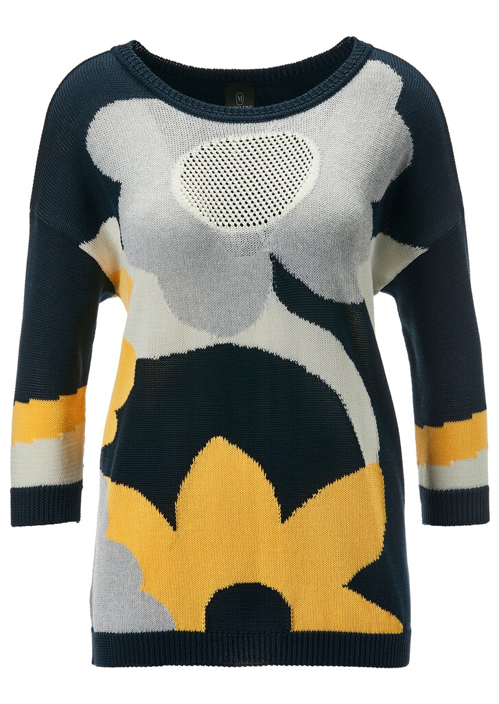 Round neck jumper with floral pattern and 3/4 sleeves