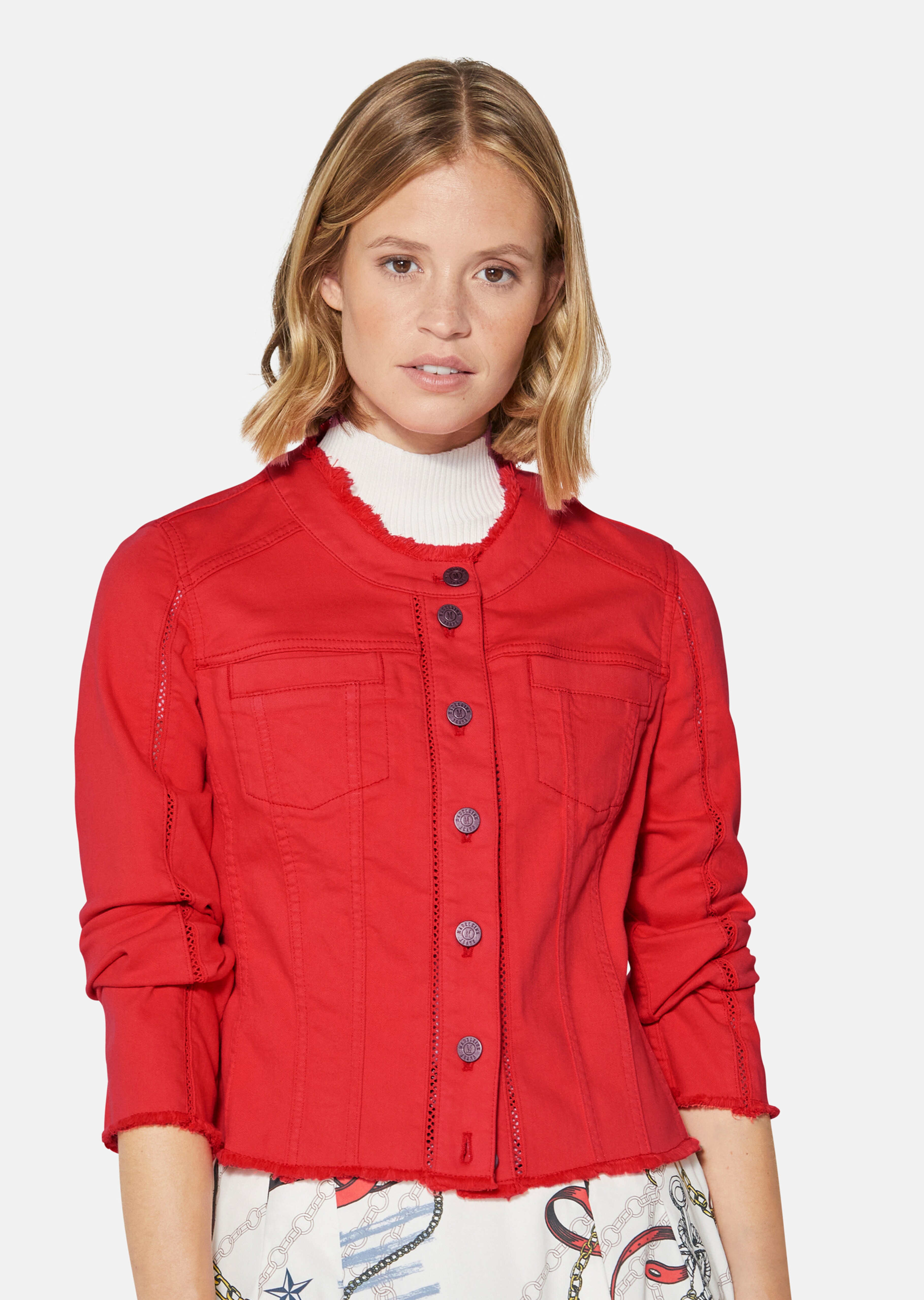 Kragenlose Jeansjacke mit Fransen