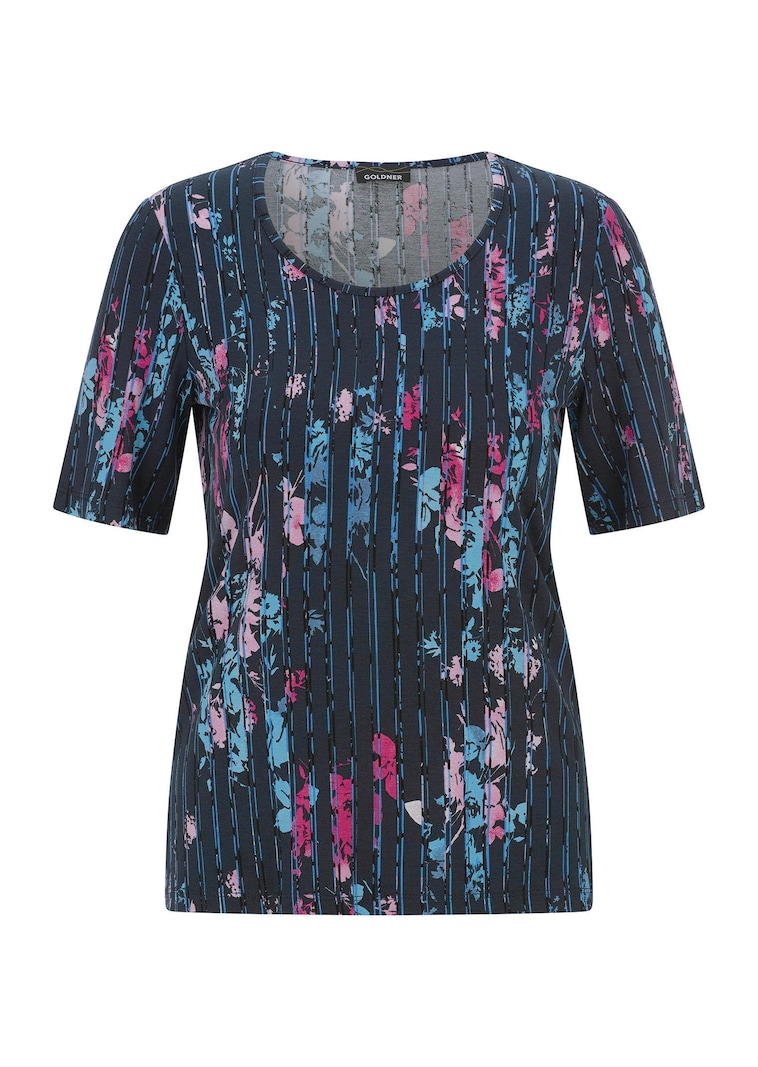 T-shirt en viscose avec fleurs et rayures longitudinales