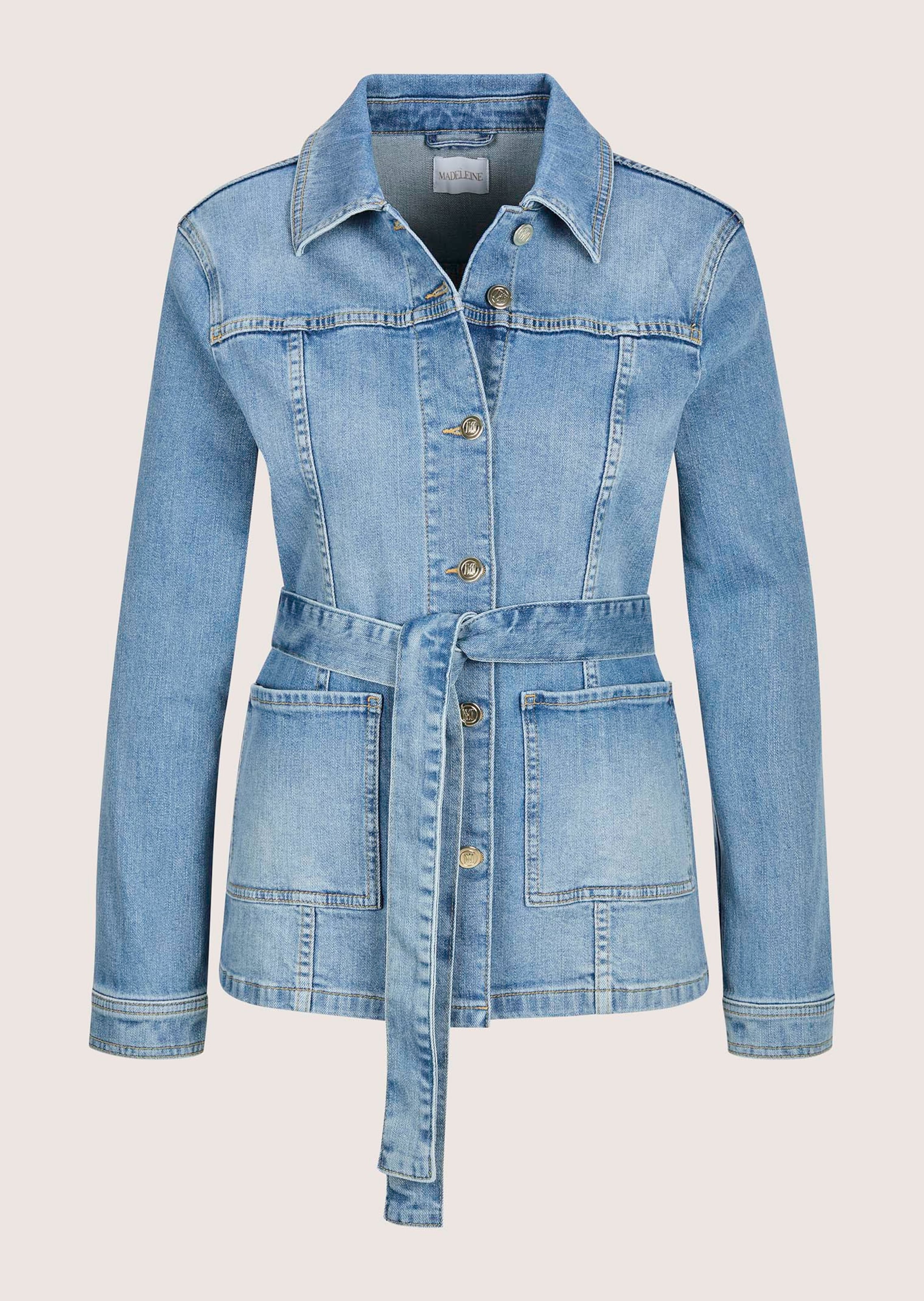 Lange Jeansjacke mit Bindegürtel