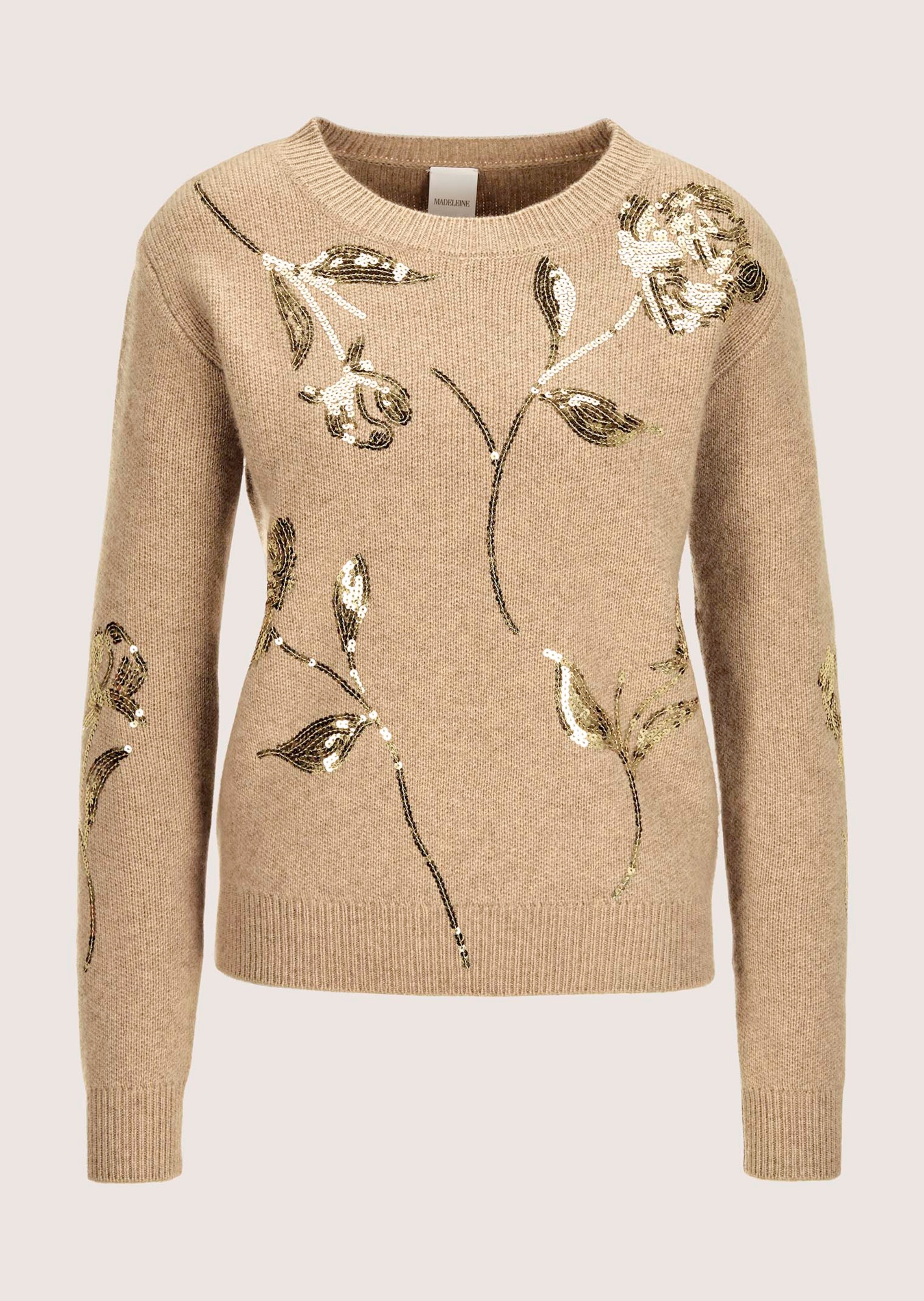 Rundhals-Pullover mit glitzernden Pailletten in beige melange