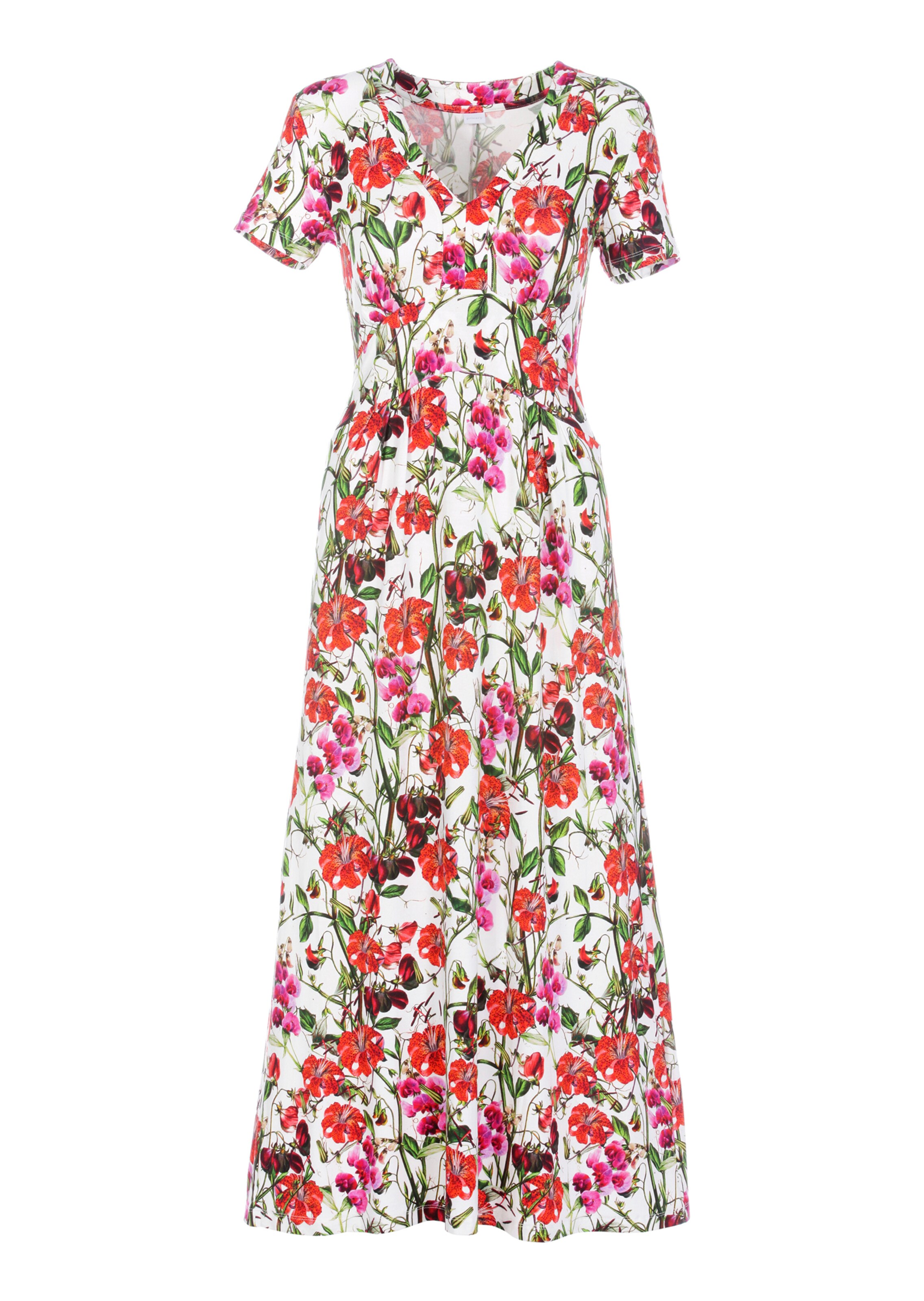 Langes Jerseykleid mit V-Ausschnitt und kurzen Ärmeln