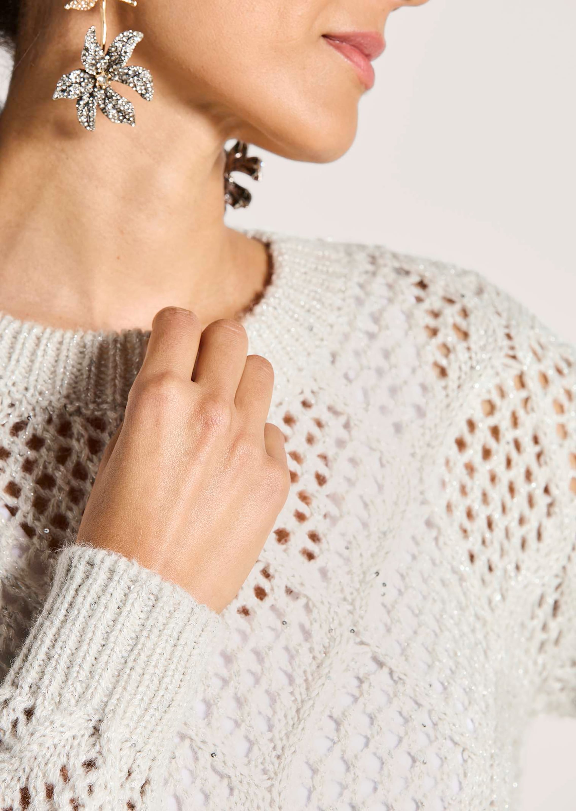 Pull Blanc Chic Avec Perles Et Ruban - Taille L, Coton, Très Bon état