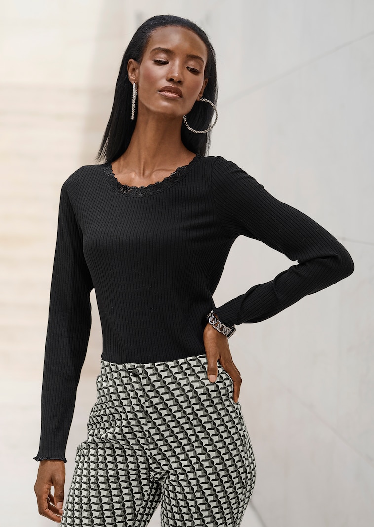 Rippen-Shirt mit Spitze