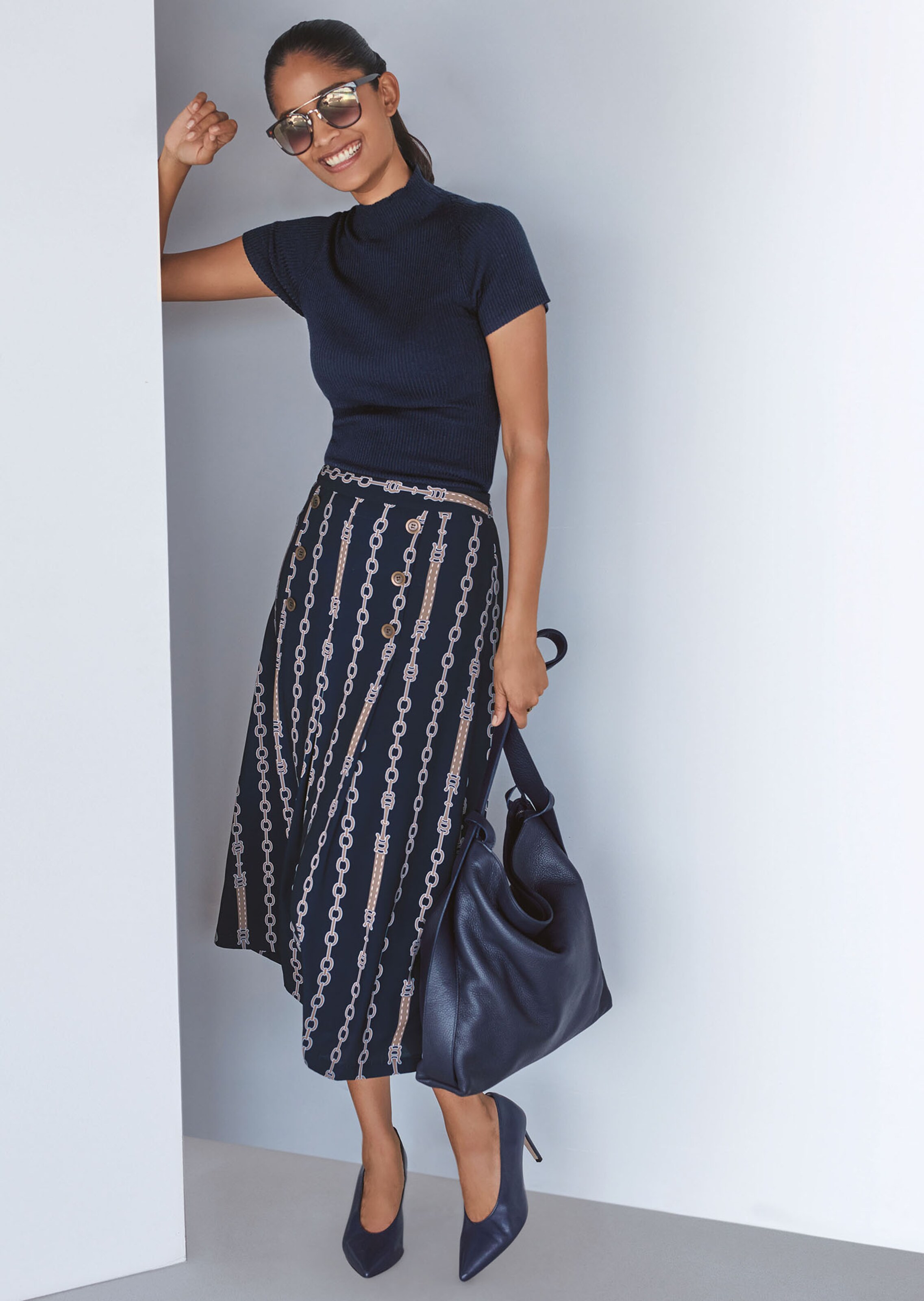 Midi skirt with chain print in navy natural white almond MADELEINE Fashion