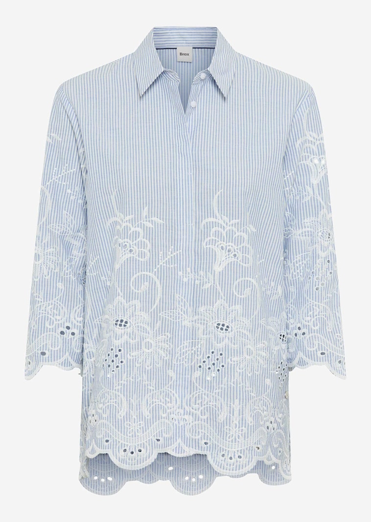 Chemisier pur coton à rayures, avec broderie florale