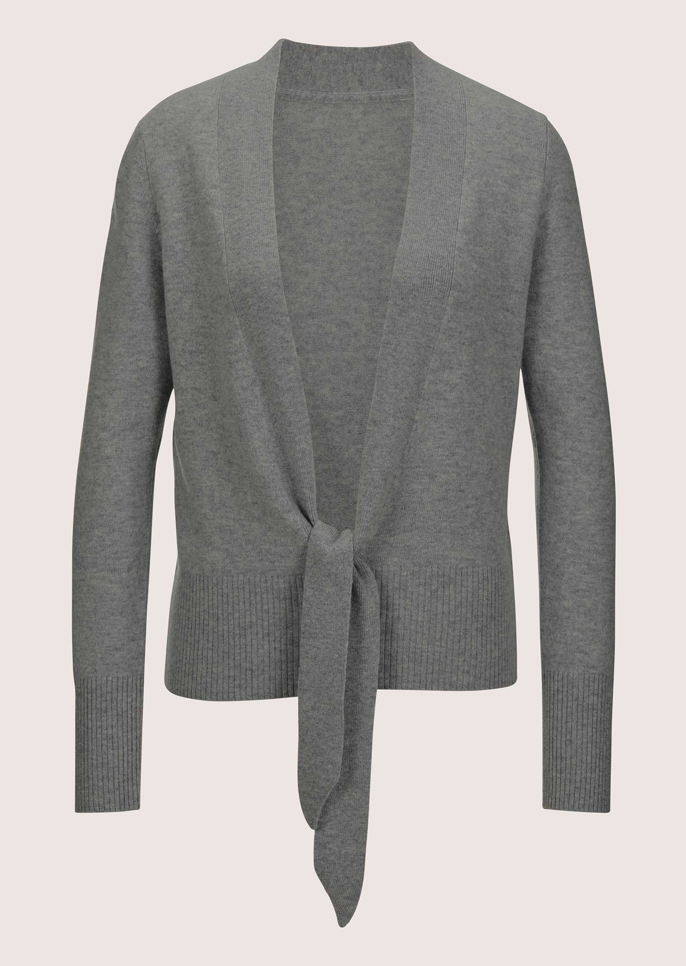 Cashmere cardigan with deep V-neck and tie ribbon in stone grey
