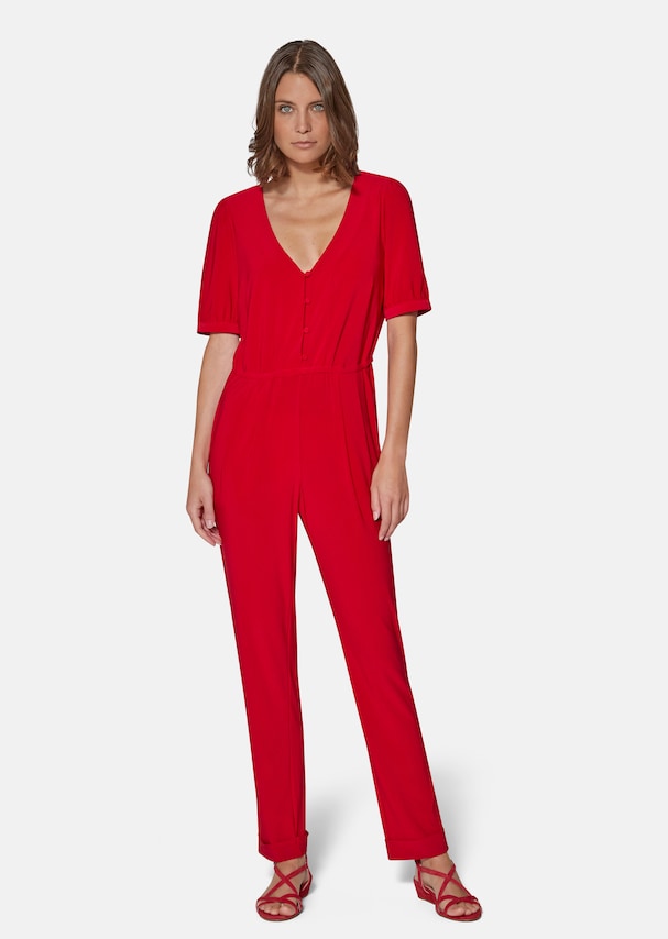 Short-sleeved jumpsuit with V-neck and button placket 1
