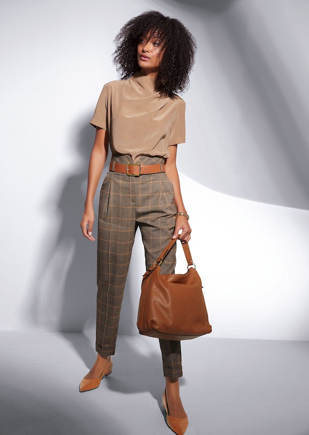 Check trousers with highwaist waistband