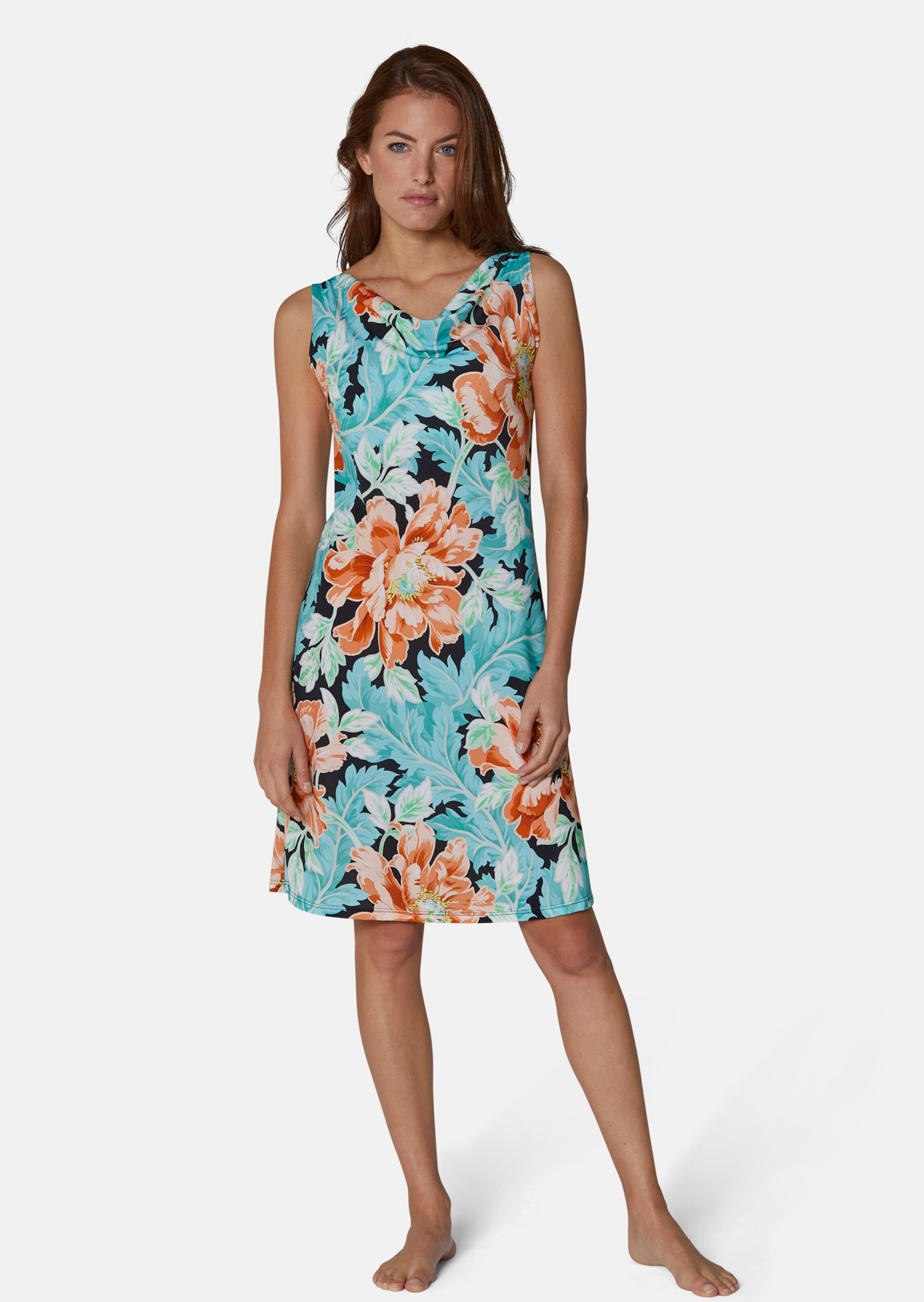 Sleeveless beach dress with floral pattern in aqua / orange /  multi-coloured | MADELEINE Fashion
