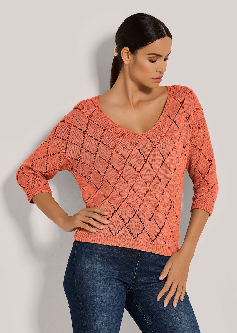 V-Pullover mit Pointelle-Muste