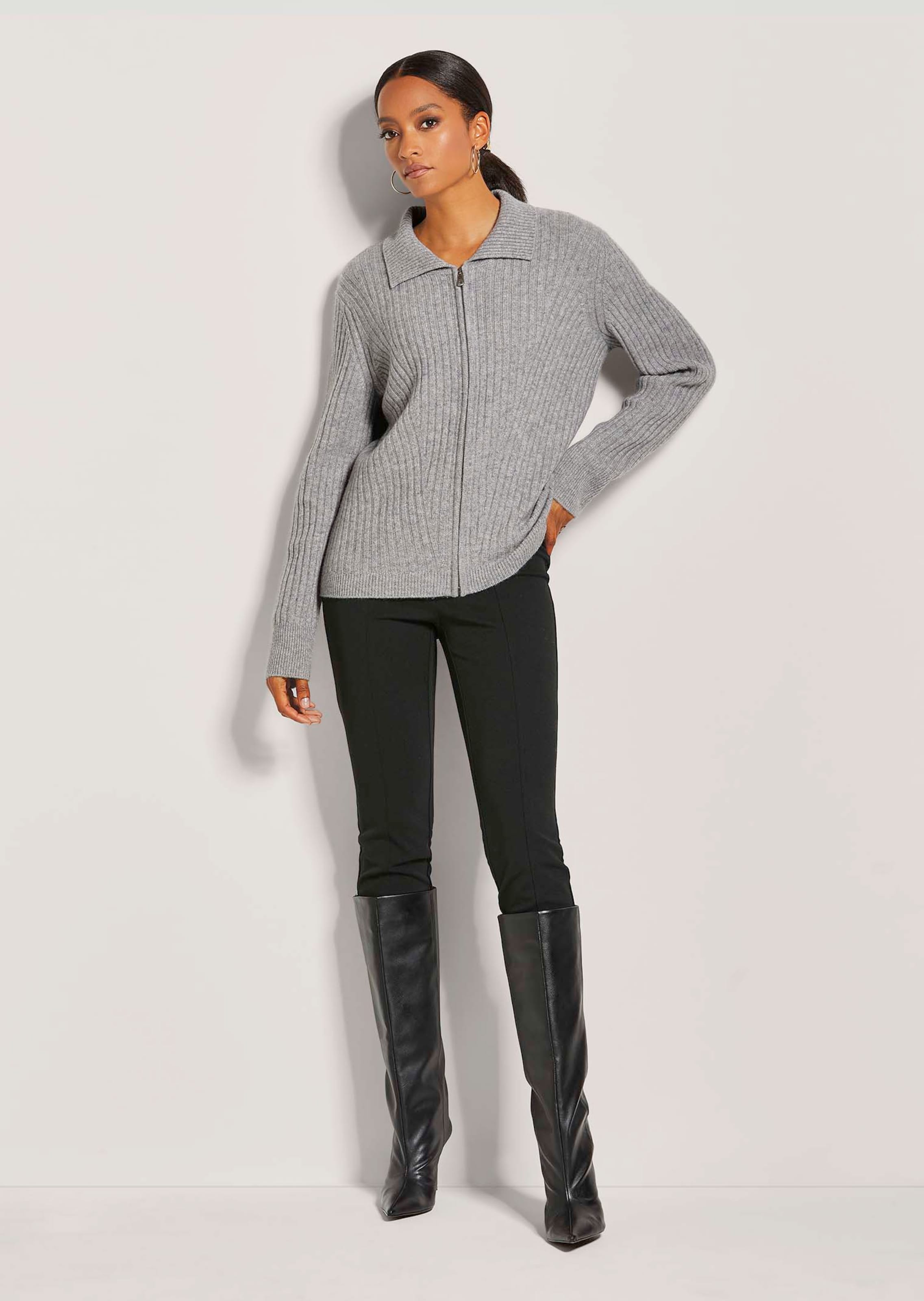 Blueleaブルレアsummer knit cardigan グレー Smooth, summery knit cardigan in stone grey / melange / natural