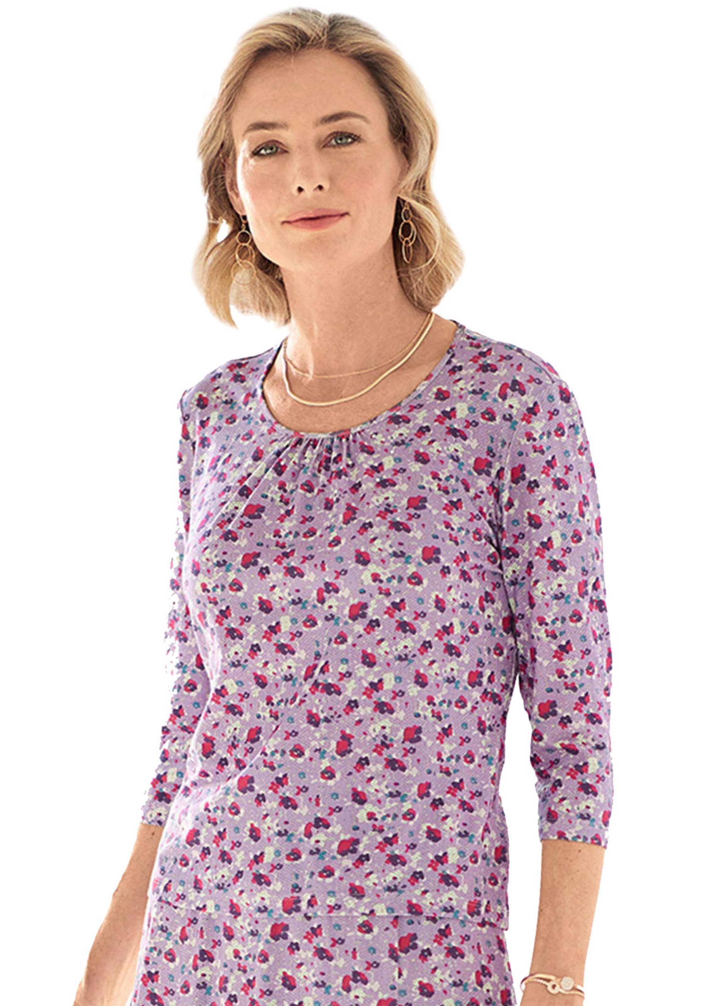 Druckshirt in Raffung und Steinchen