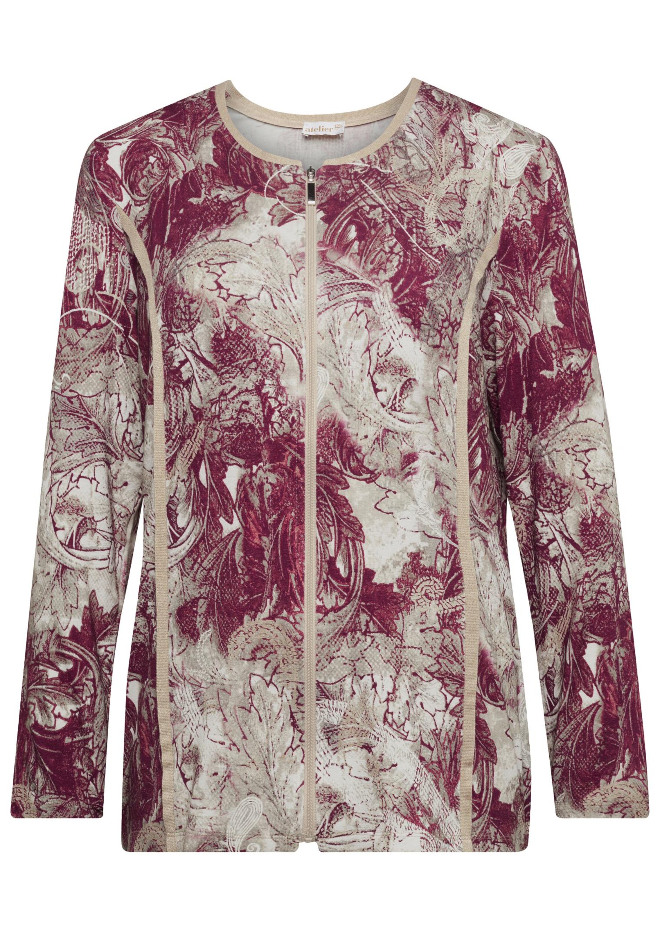 Confortable veste avec fermeture par zip - bordeaux / beige / à motifs - Gr. 48 de Goldner Fashion