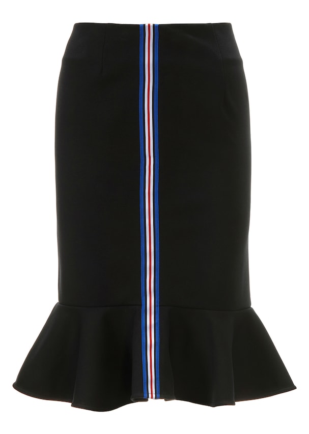 Slim skirt with flounce and decorative stripes