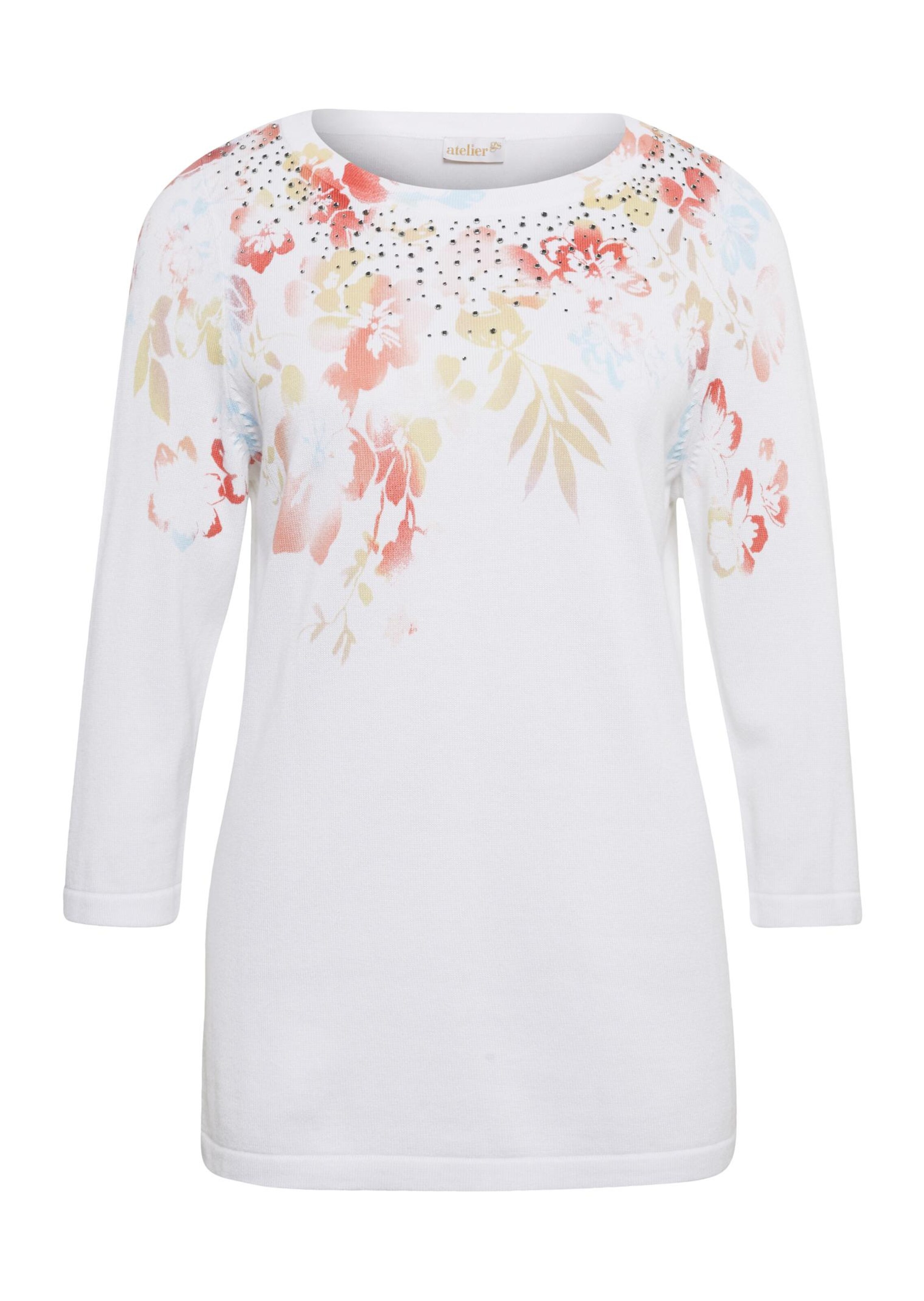 Pull imprimé avec pierres scintillantes - blanc / multicolore / à fleurs - Gr. 52 de Goldner Fashion