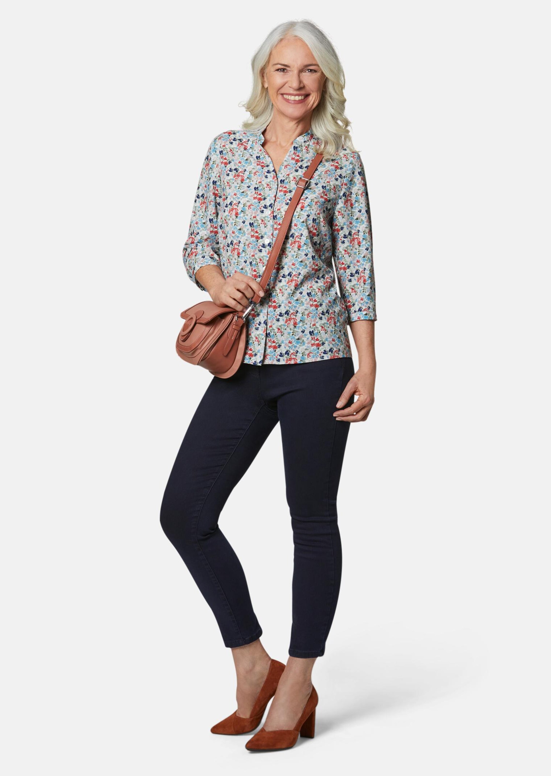 Chemisier imprimé à fleurs avec manches retroussées - multicolore / à fleurs - Gr. 54 de Goldner Fas