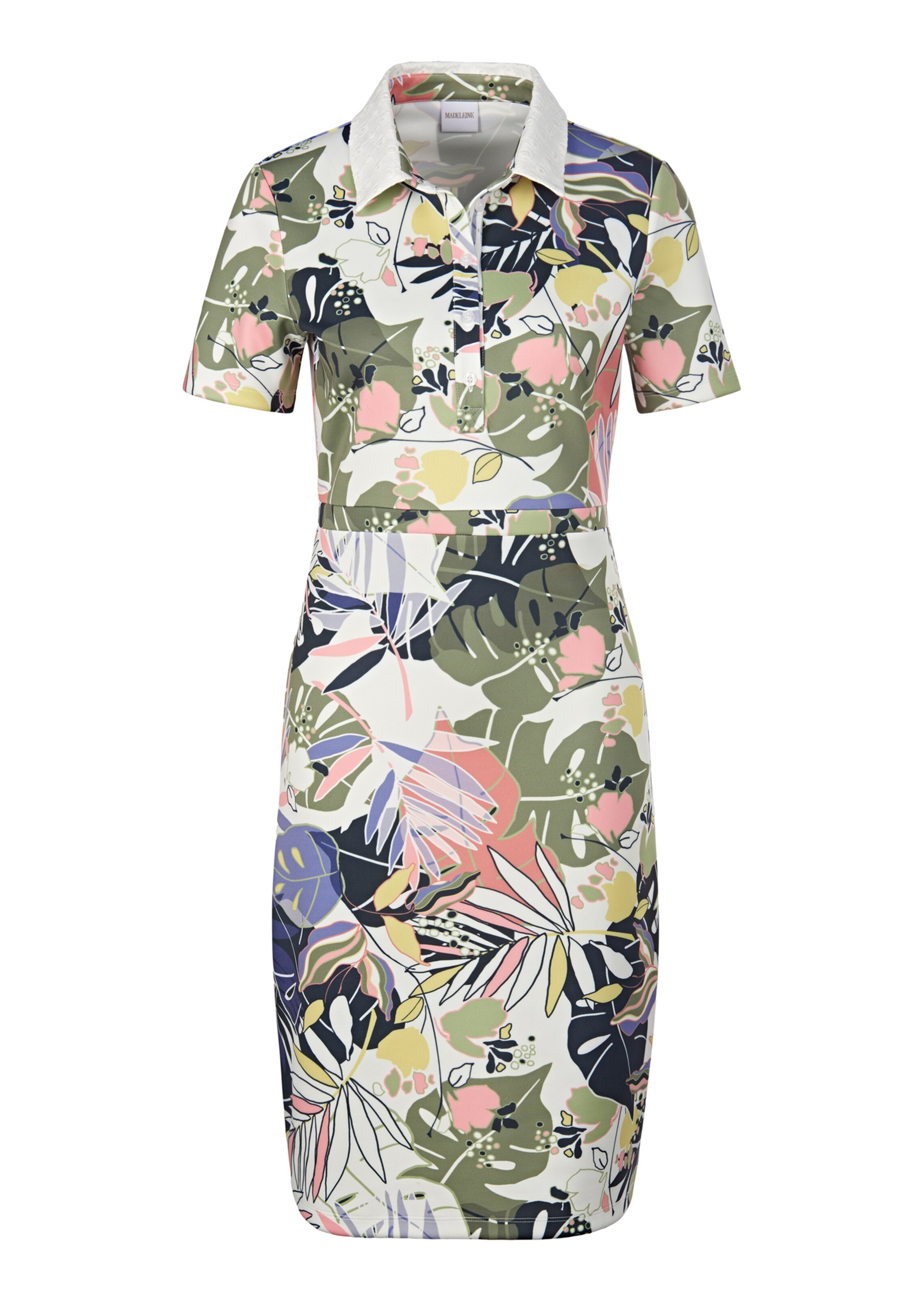 Polo dress with abstract floral print and lace collar in white /  multi-coloured | MADELEINE Fashion