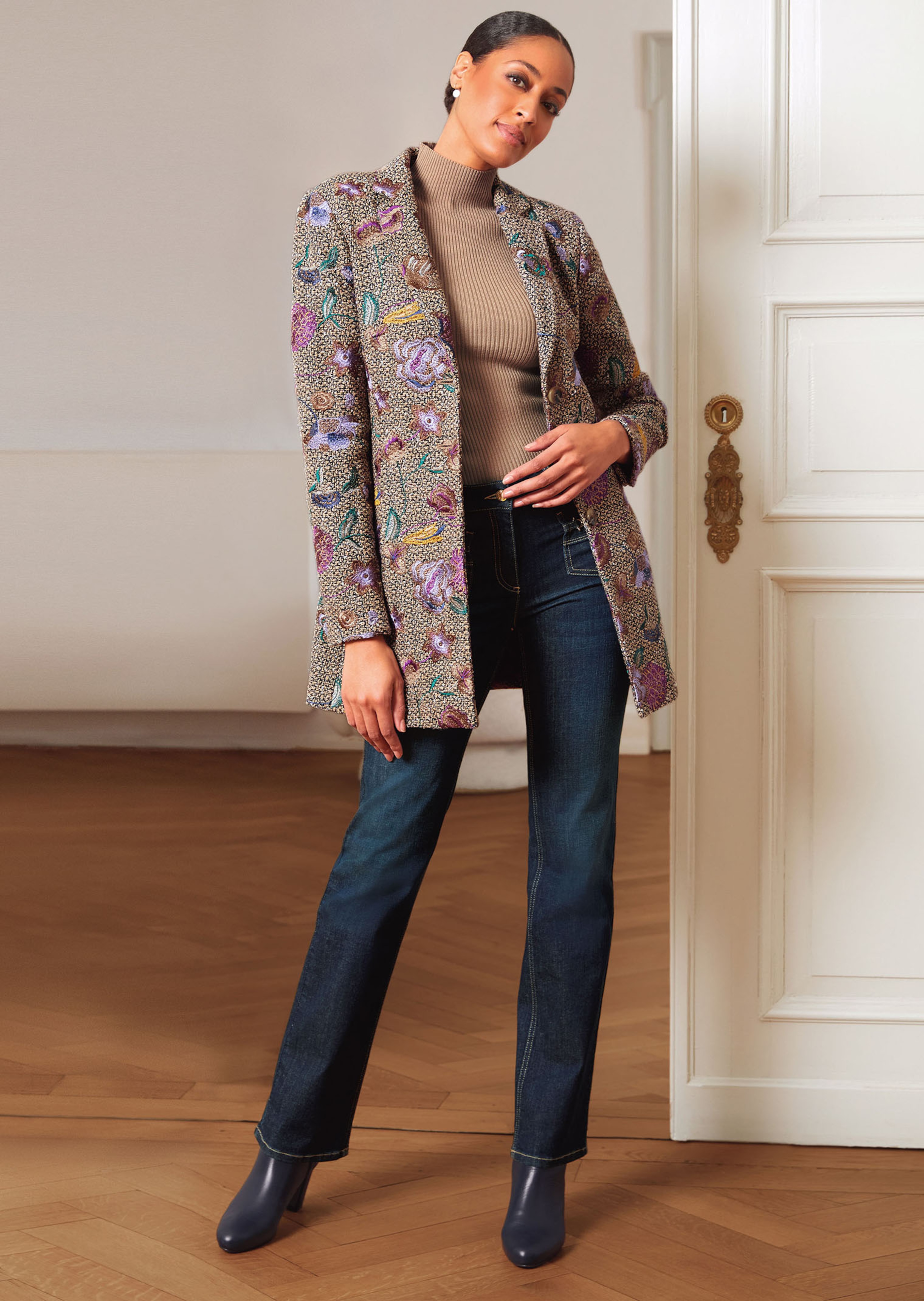 Tweed-Gehrock mit Allover-Stickerei