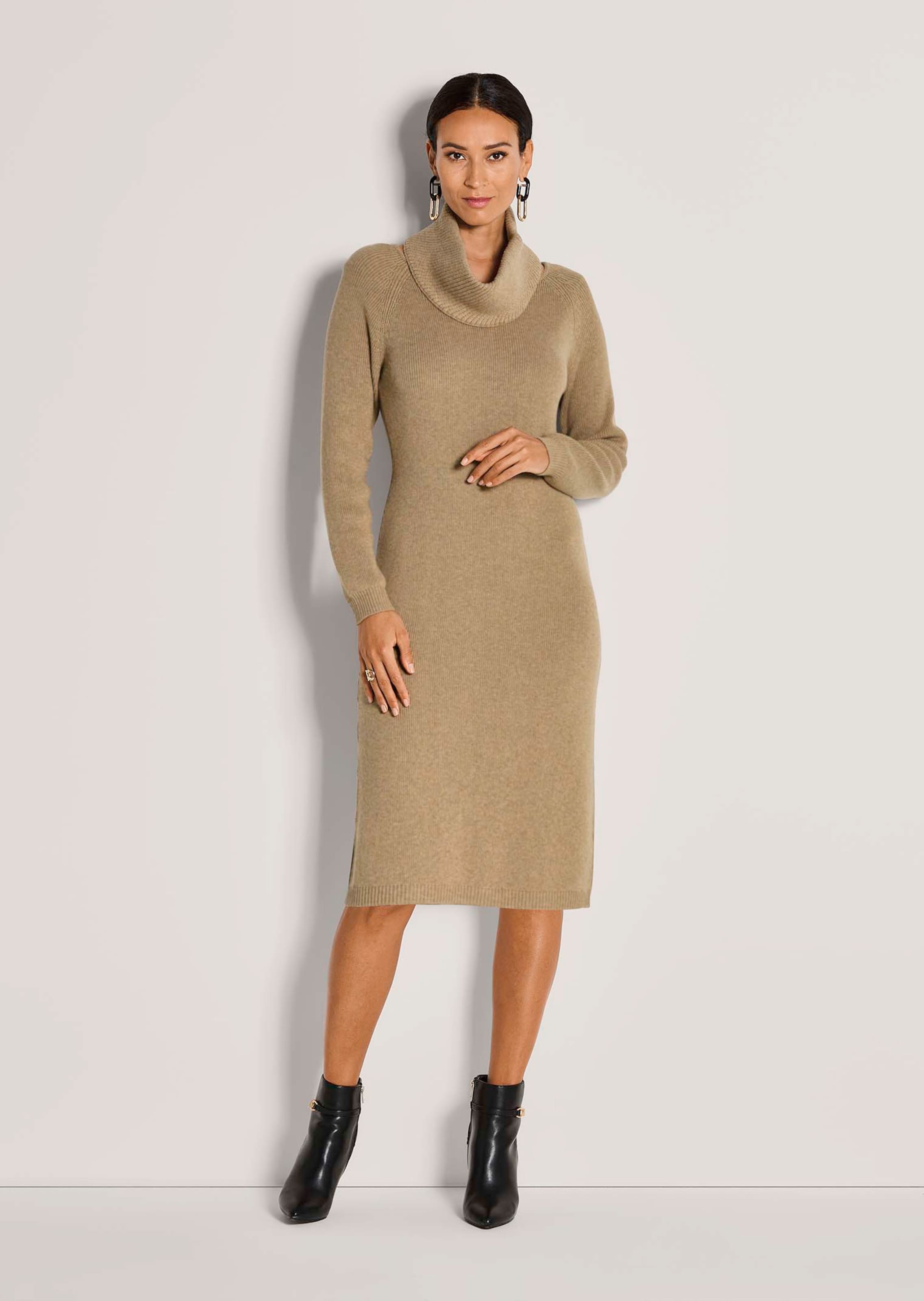 Knitted dress with convertible neckline in cappuccino / melange | MADELEINE  Fashion