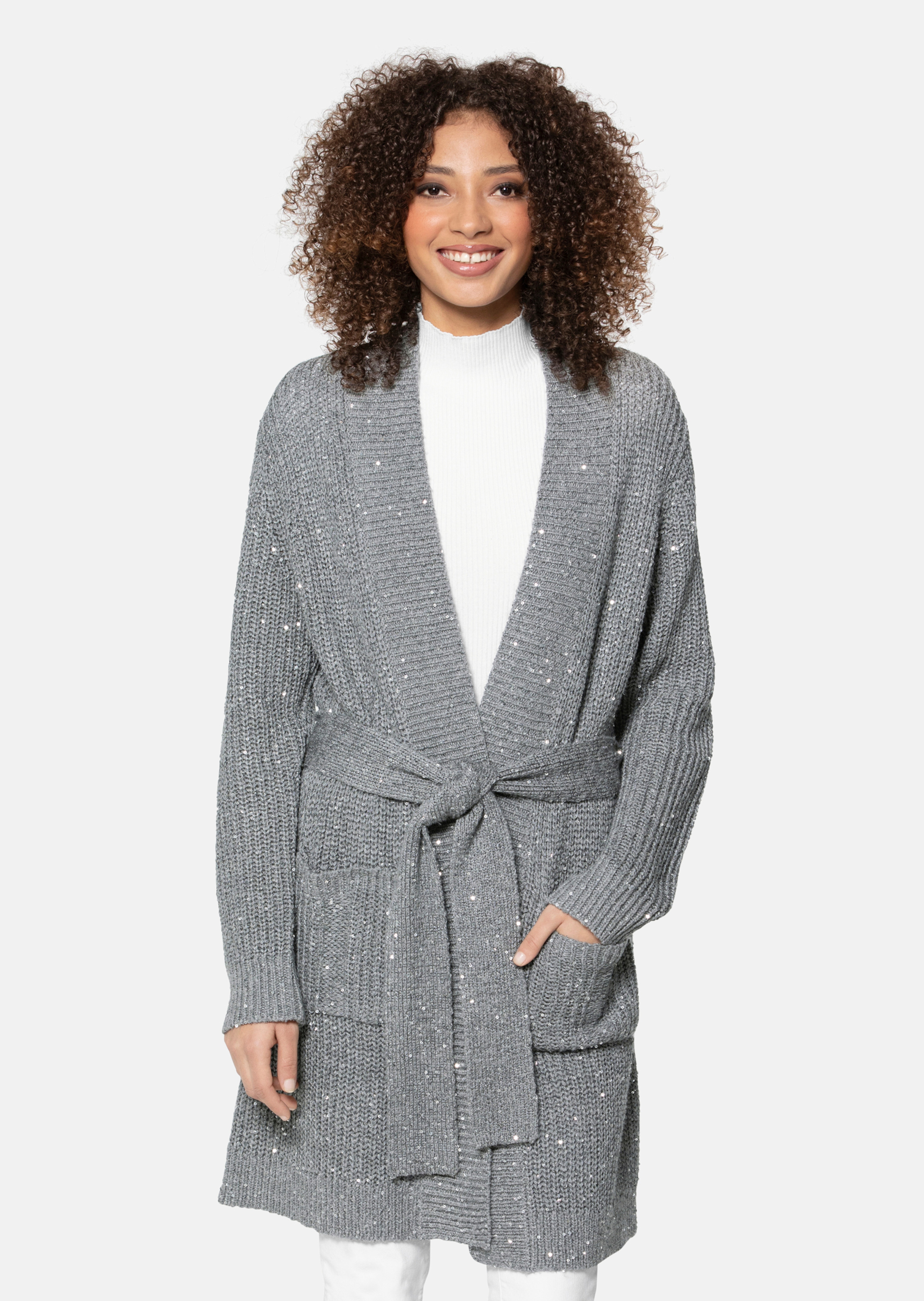 Verschlusslose Longjacke mit Paillettenglanz