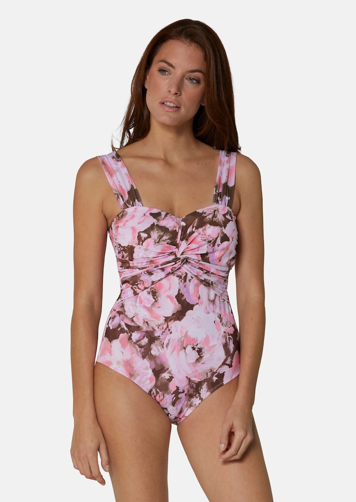 Swimming costume with floral print and gathering