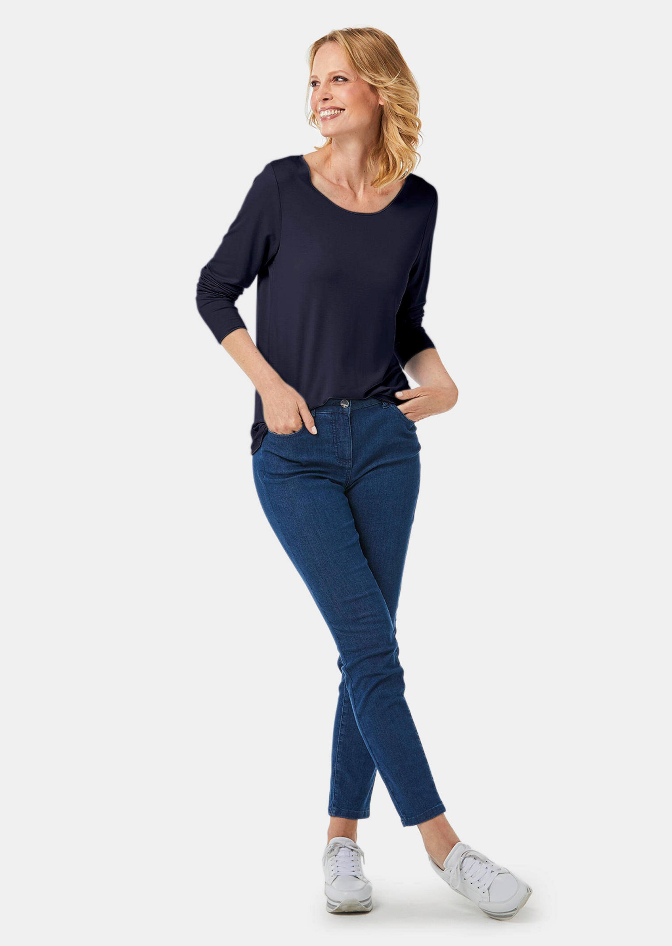 T-shirt à manches longues et liseré décoratif - marine - Gr. 50 de Goldner Fashion