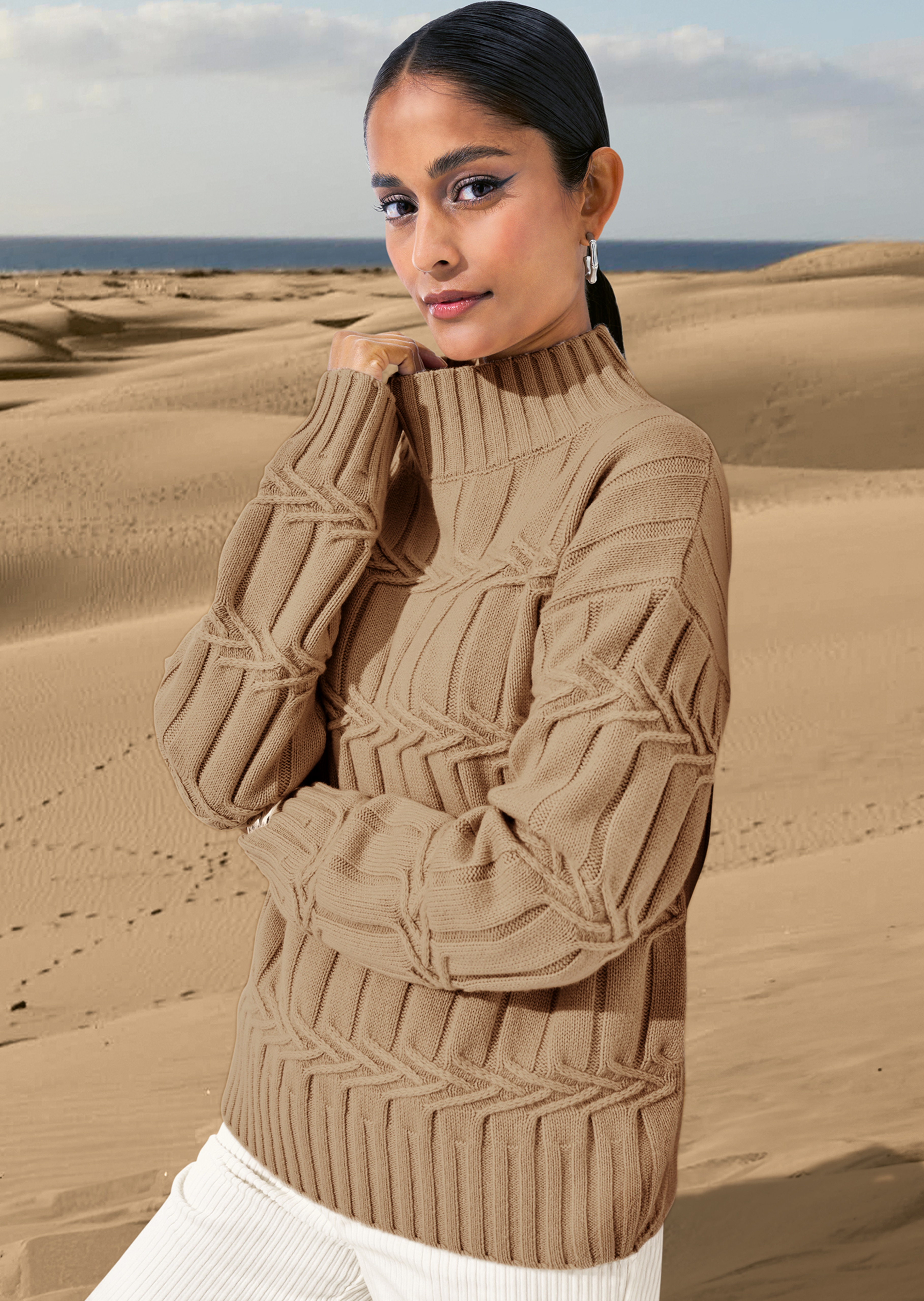 Stehkragen-Pullover mit Zopfmuster
