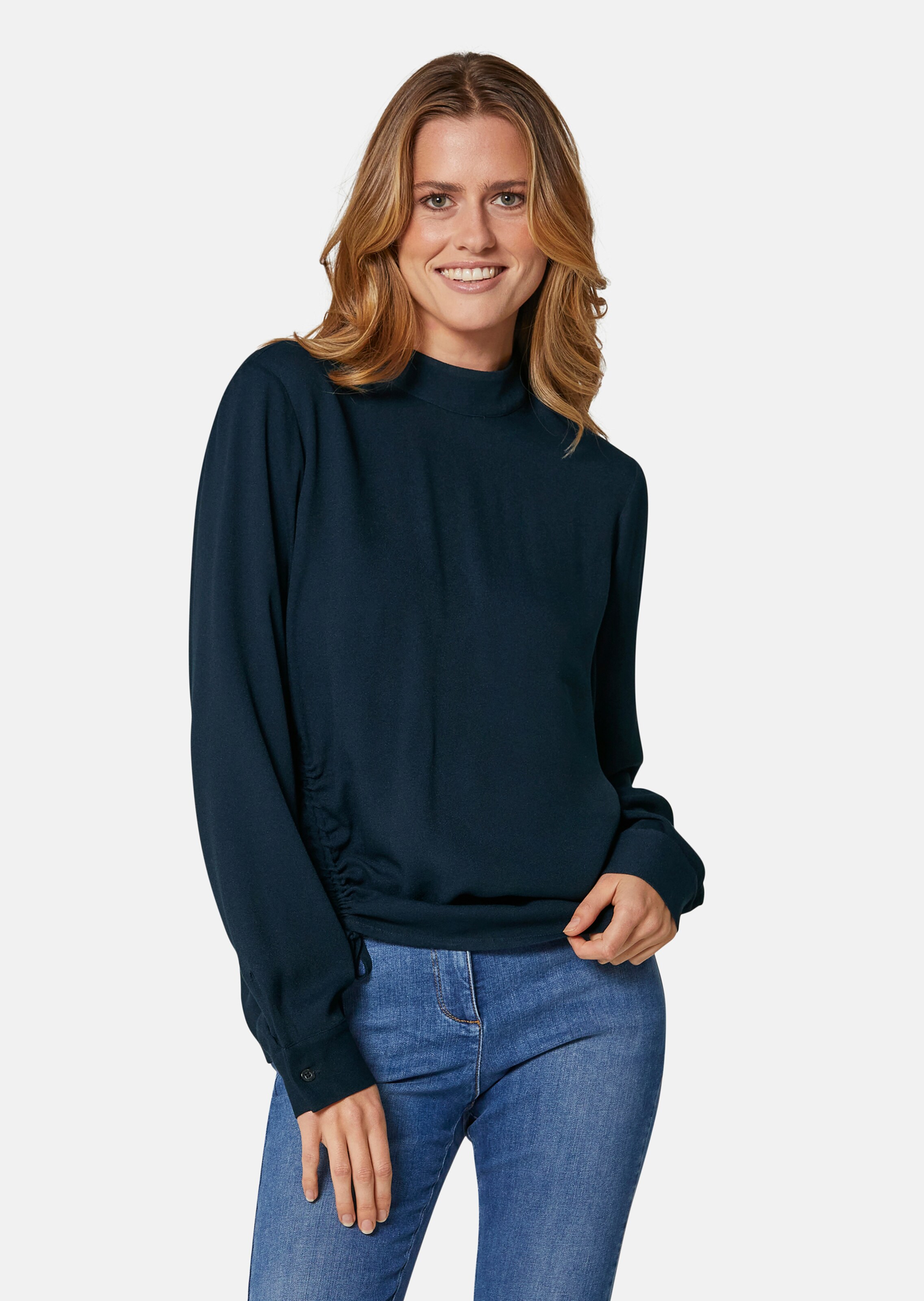 Bluse mit Stehkragen und Raffdetail