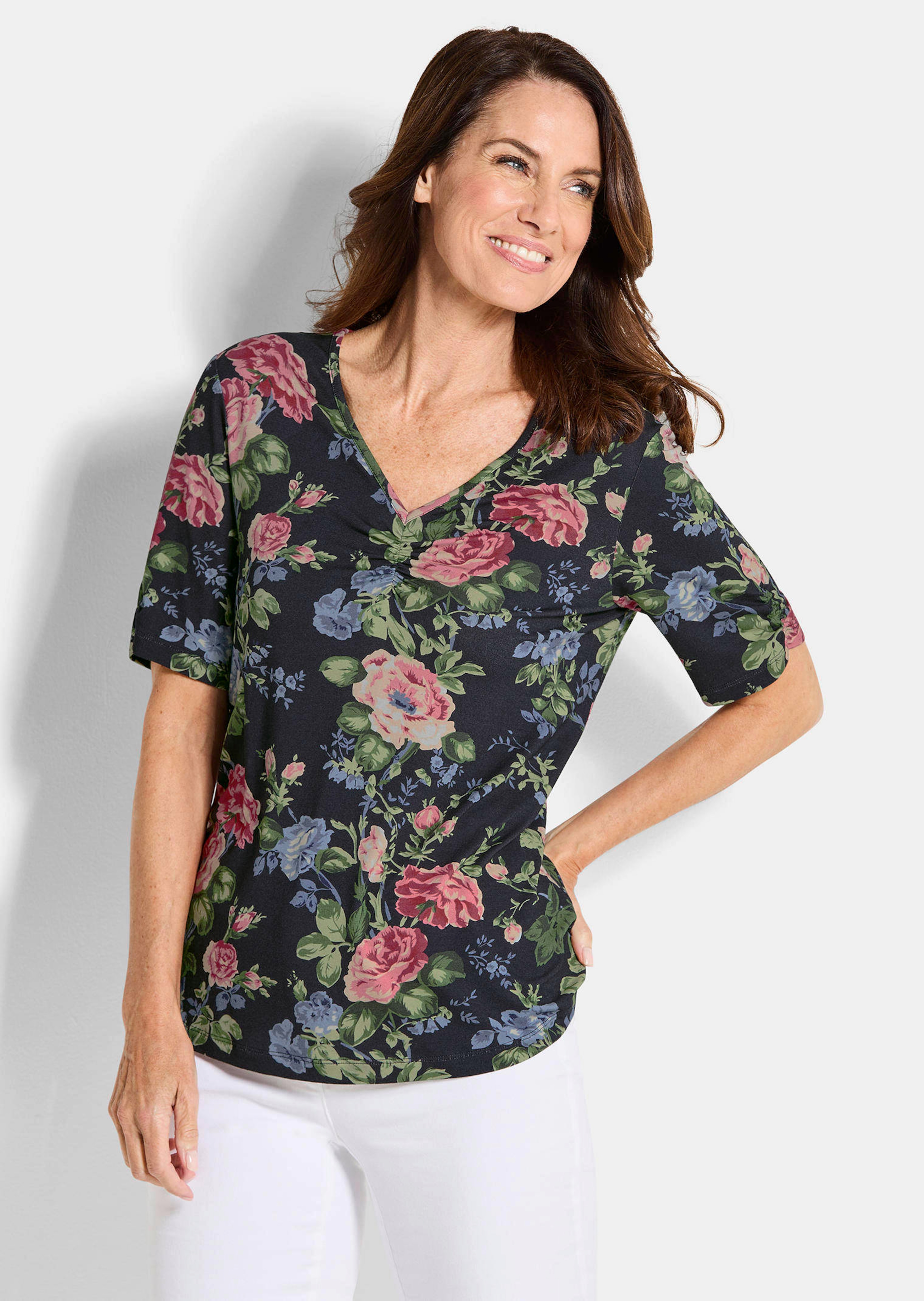 Gebloemd, jersey shirt met plooien