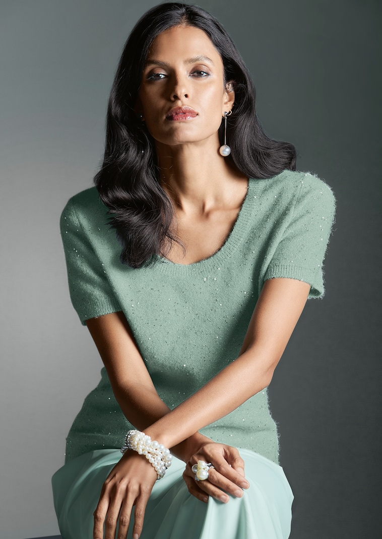 Kurzarm-Pullover mit Pailletten-Glanz