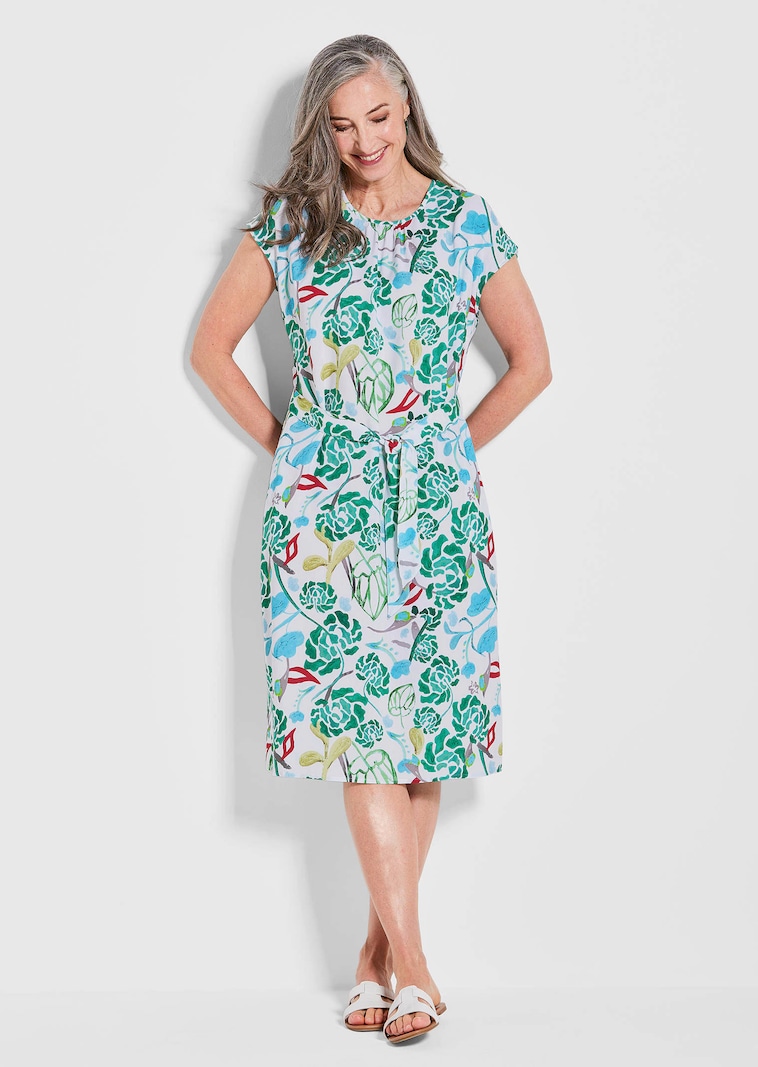 Druckkleid mit Alloverprint & Bindegürtel
