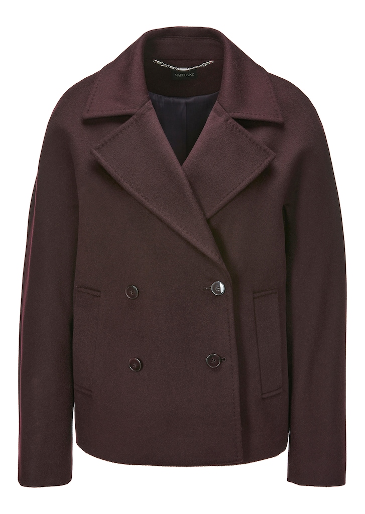 Double-breasted woollen jacket with wide lapel collar