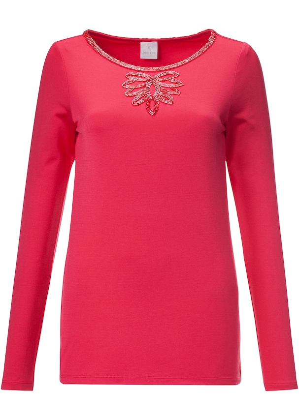 Long-sleeved round neck shirt with decorative beads