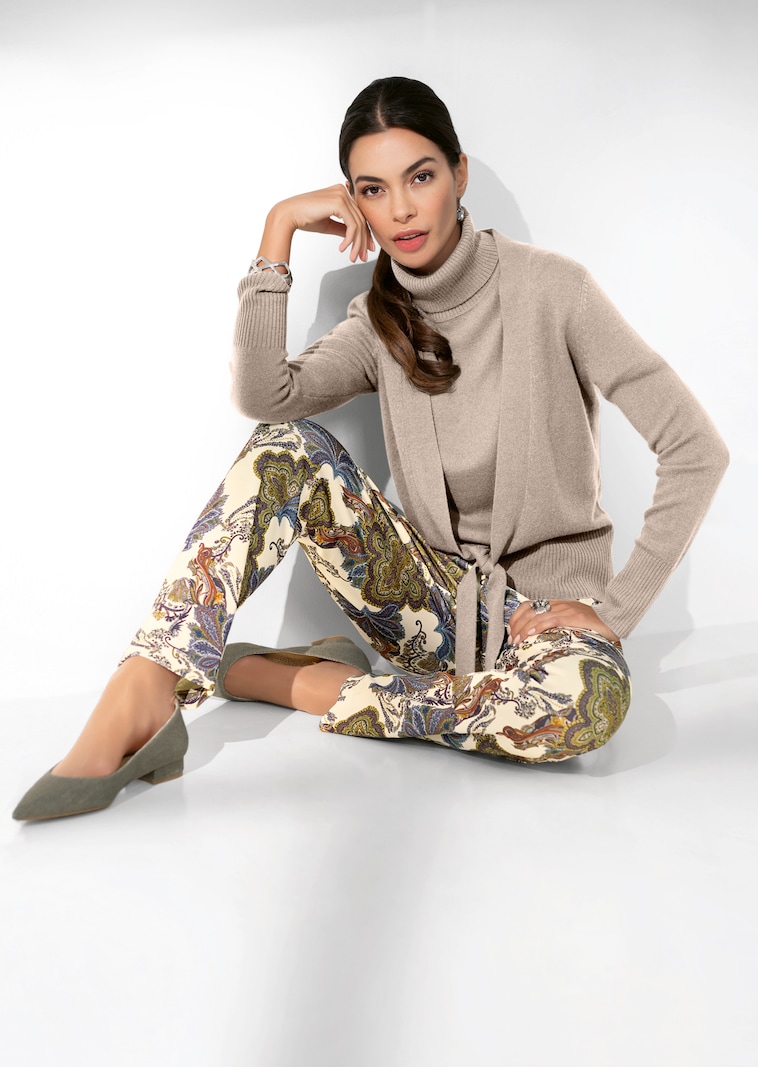 Kaschmir-Strickjacke mit tiefem V-Ausschnitt und Bindeband