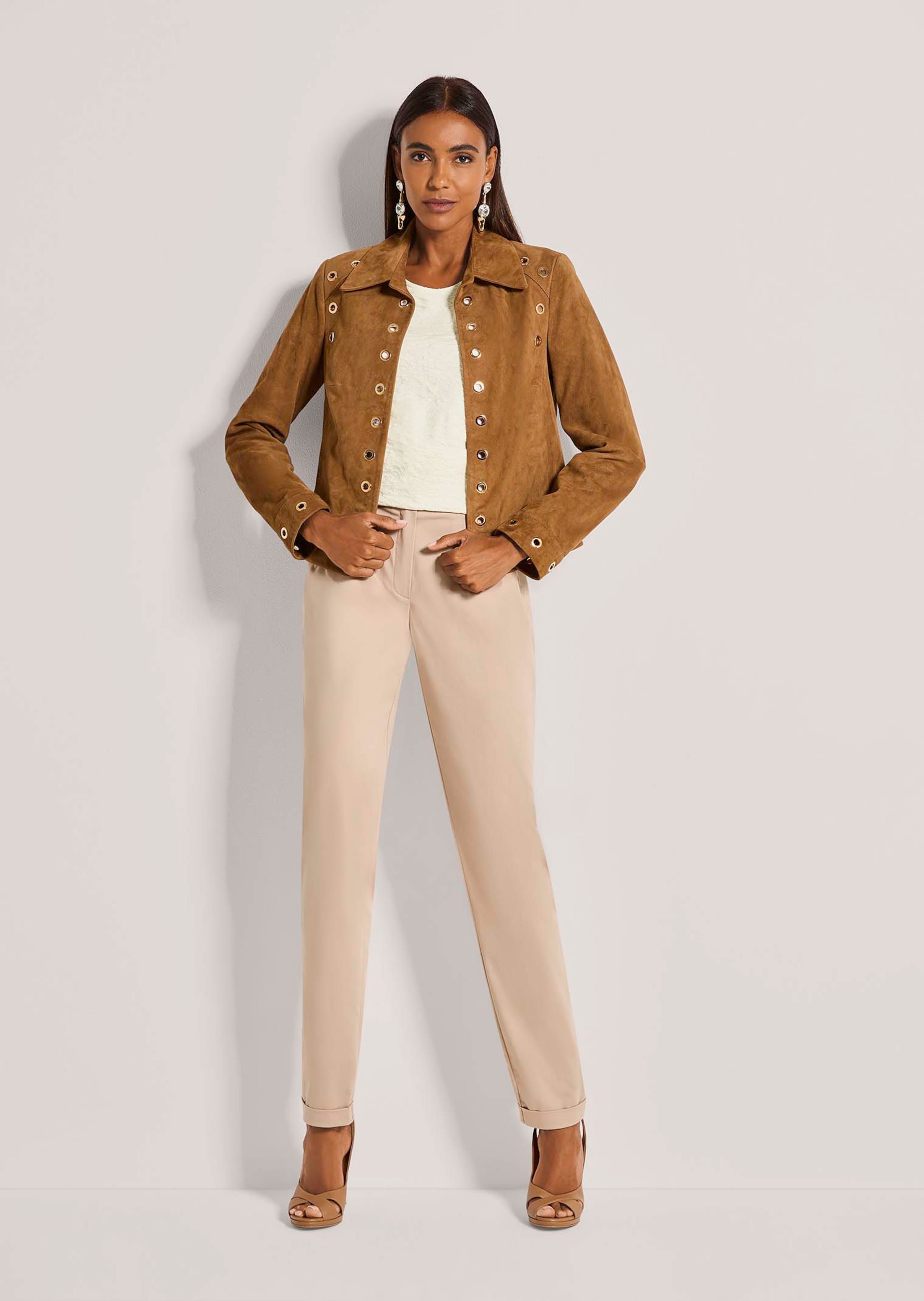 Kid suede jacket with eyelet detailing in macchiato | MADELEINE