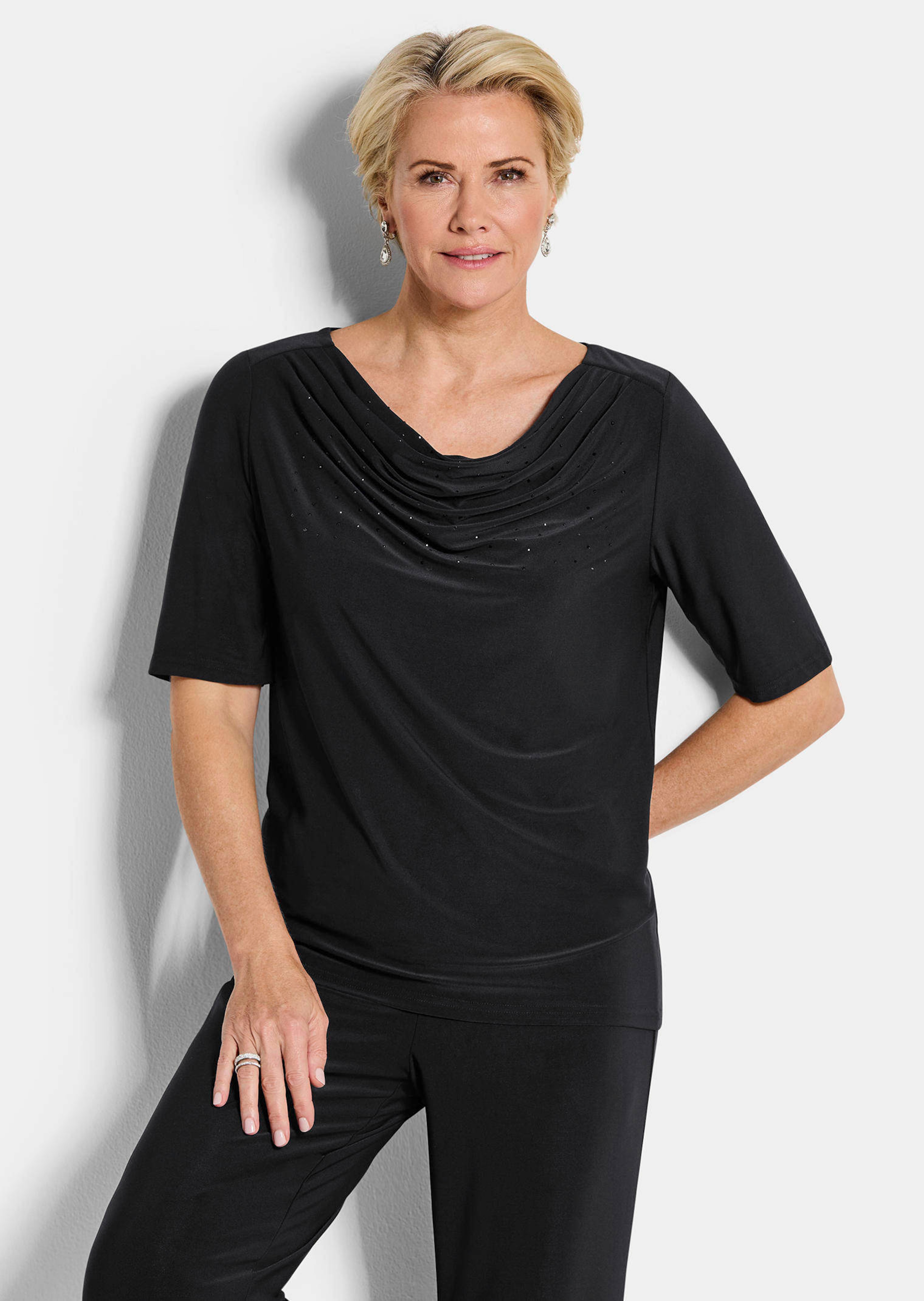 Shirt met watervalhals en glittersteentjes