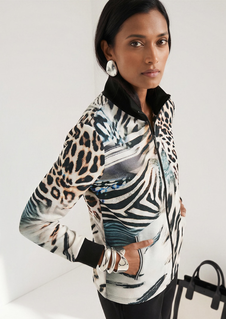 Sweat-Jacke mit Stehkragen und Animal-Print