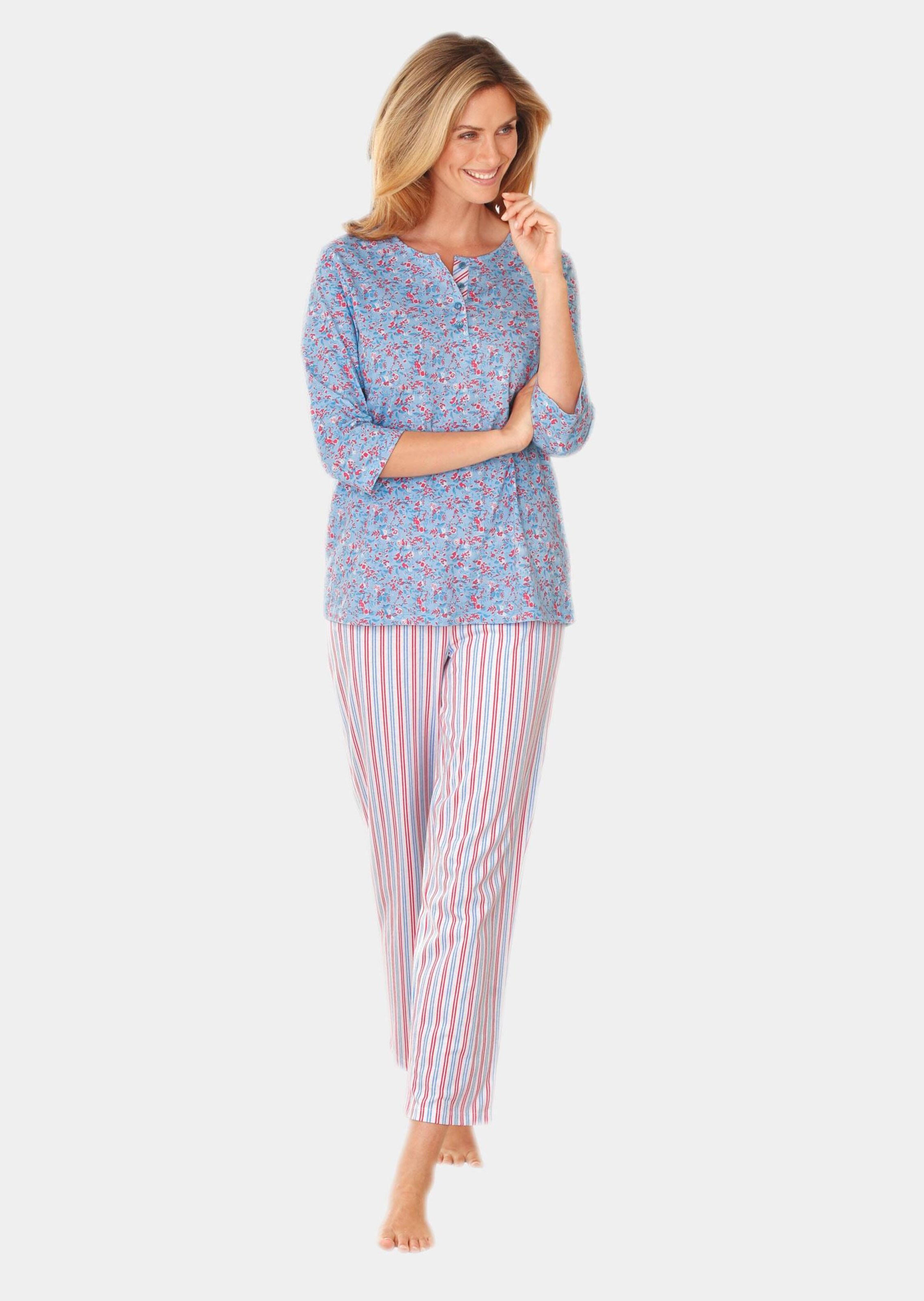Haut de pyjama en mix matière - bleu clair / corail / à fleurs - Gr. 19/20 de Goldner Fashion