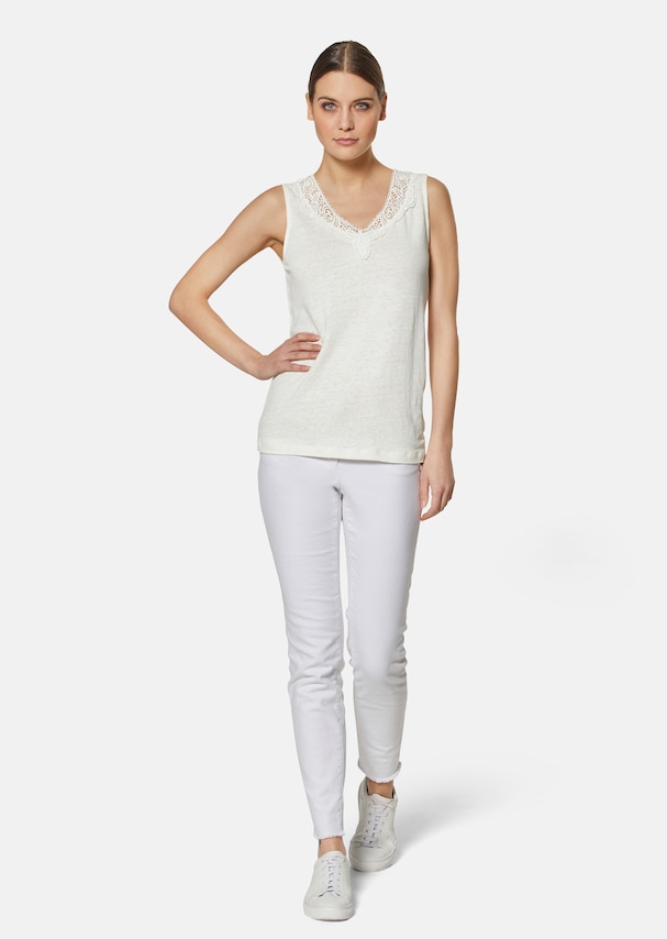 Sleeveless linen top with lace trim 1