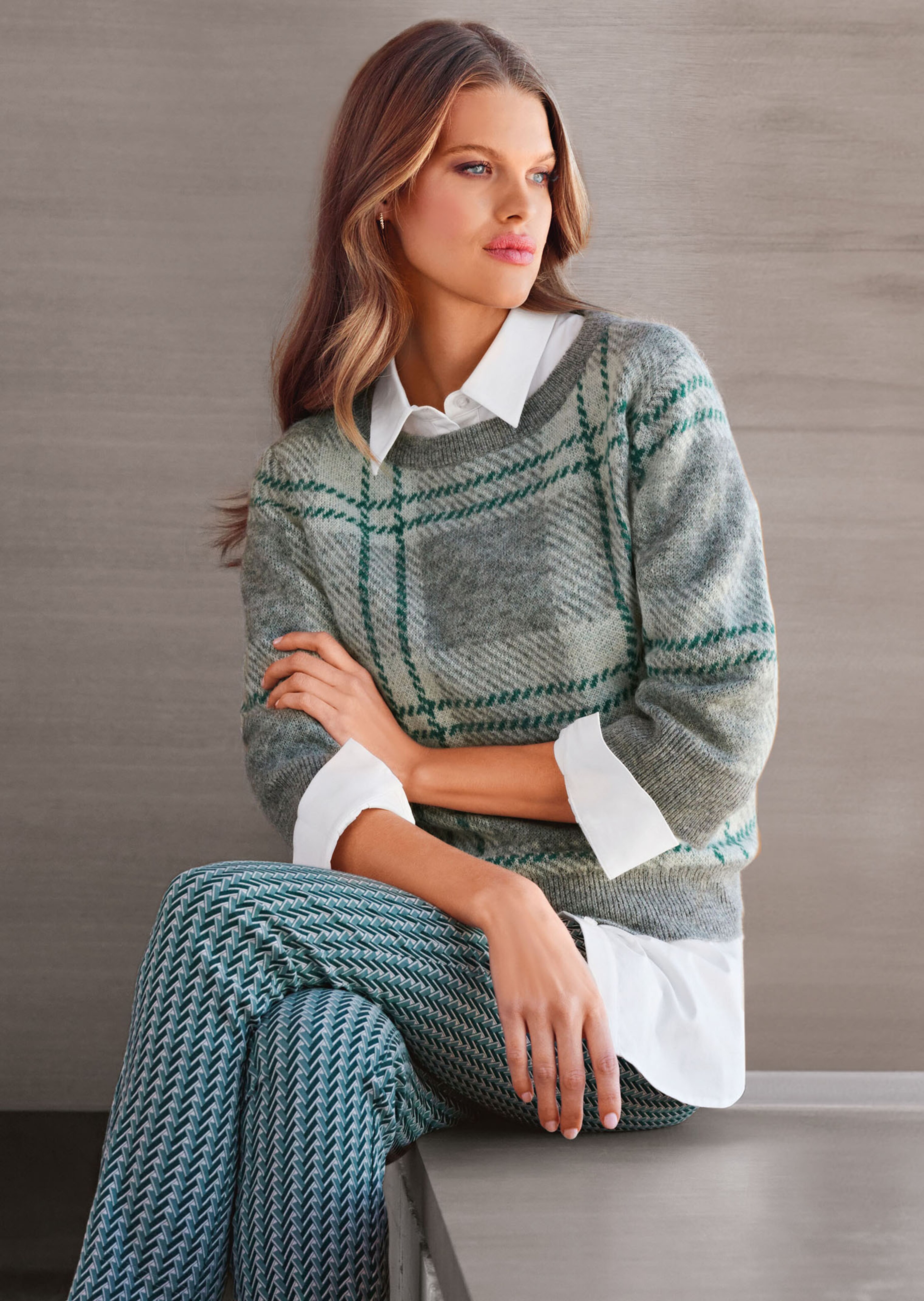 Strickpullover mit Karo und 3/4-Ärmeln