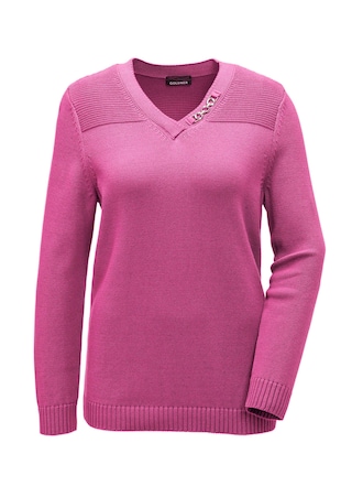 pink V-Pullover mit Schmuckelement